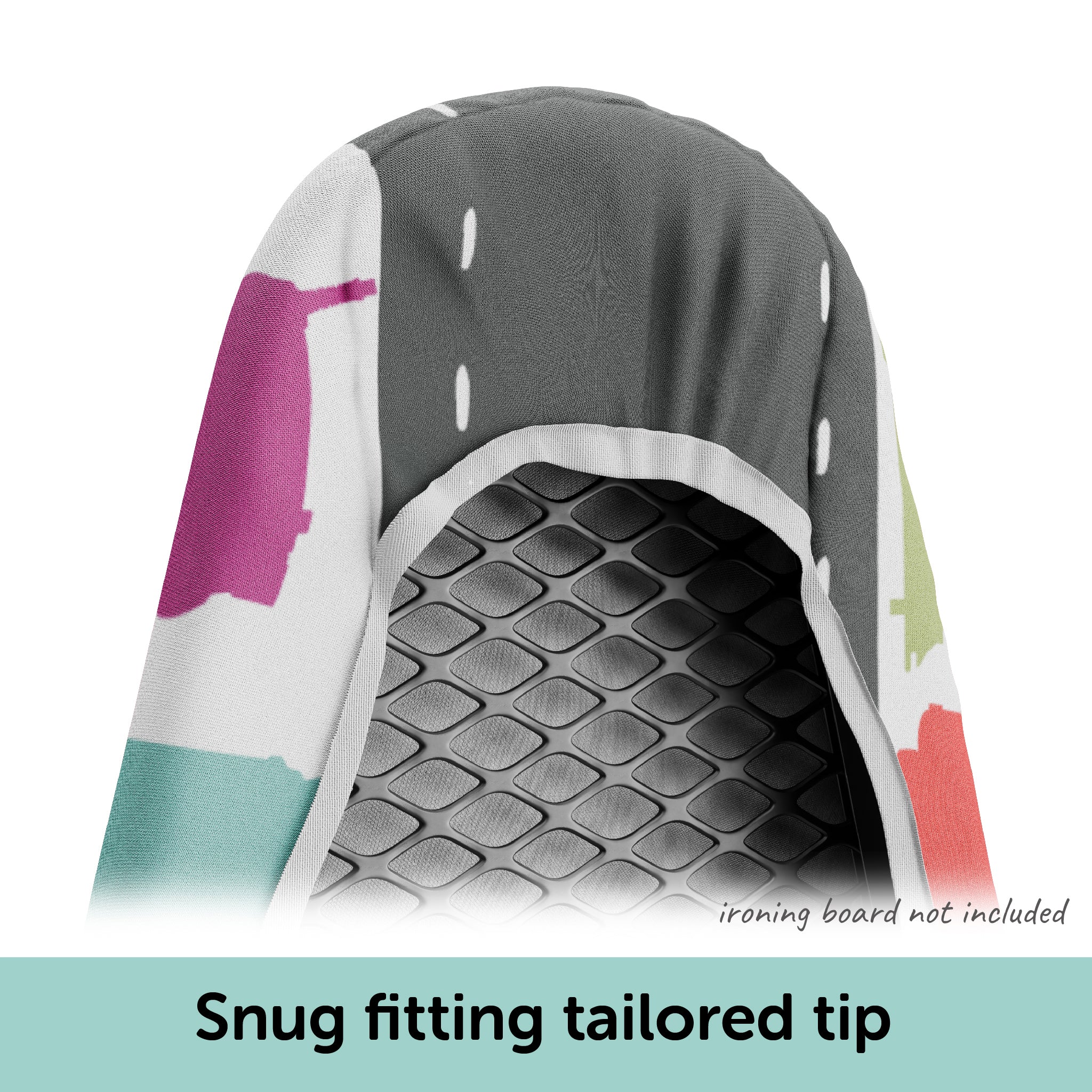 Close-up of the tailored tip of the Oliso Ironing Board cover fitting securely on an ironing board.