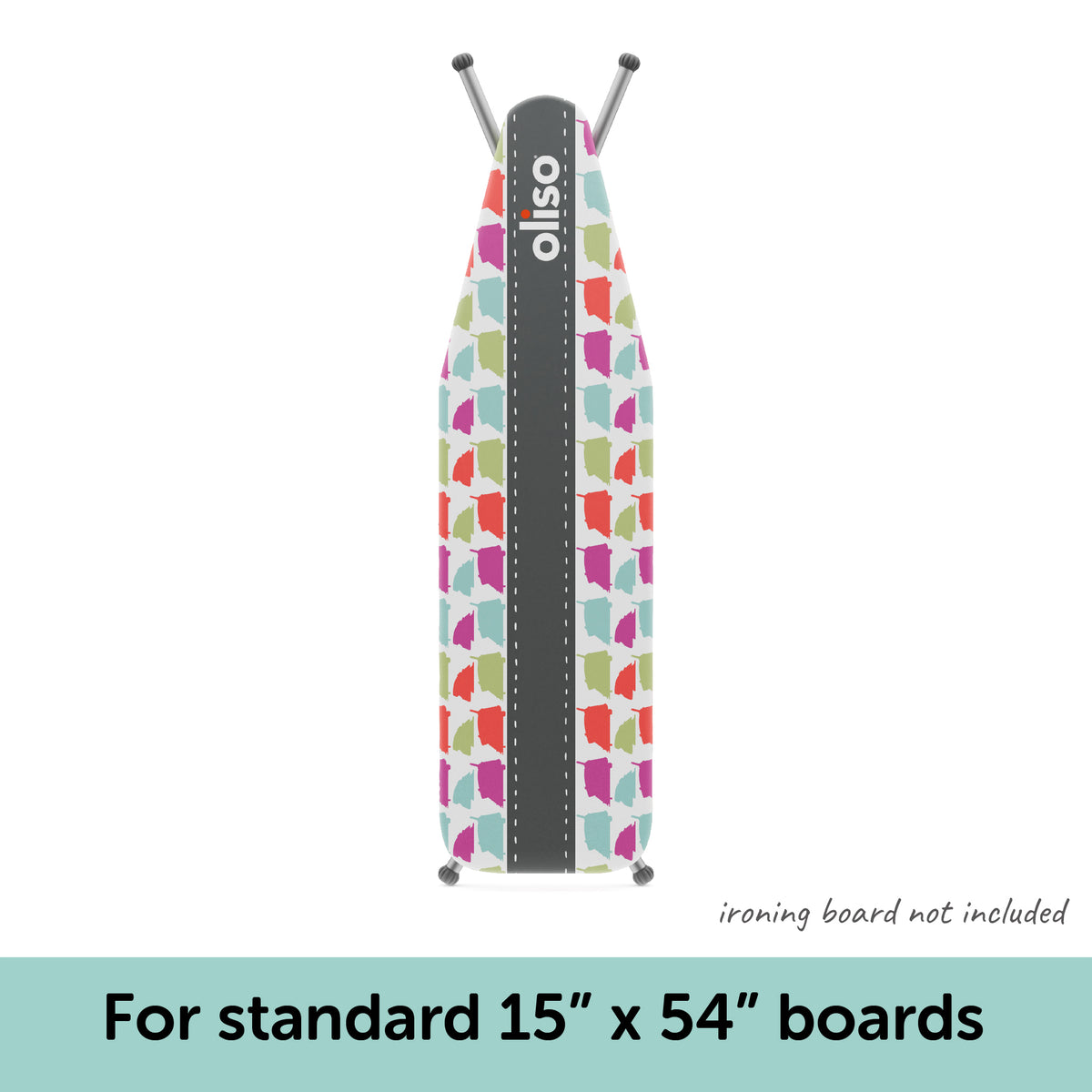 The Oliso Iron Board Cover showing that it fits on a standard 54" x 15" ironing board.