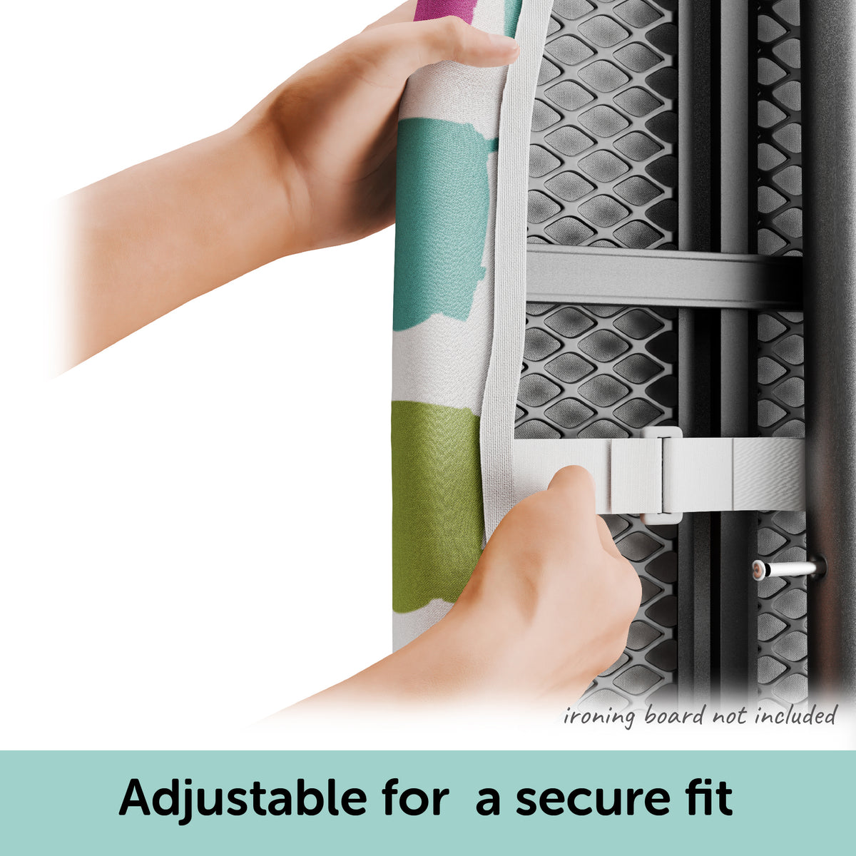 Demonstrating the two adjustable straps of the Oliso ironing board cover that holds it securely, creating a smooth ironing surface.