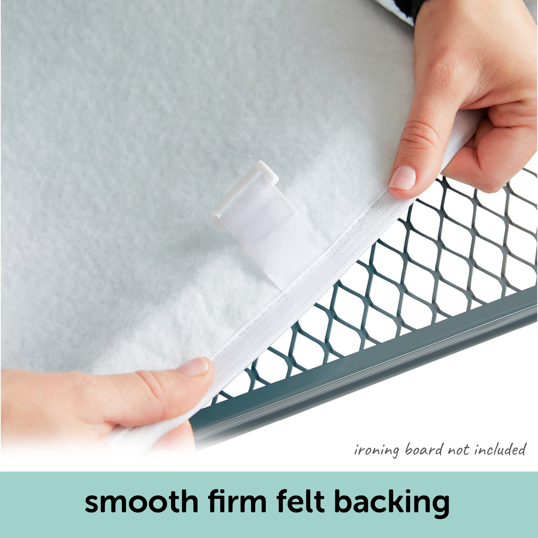 Hands holding the underside of the Oliso Ironing Board cover showing the sewn in firm felt back that makes ironing easier