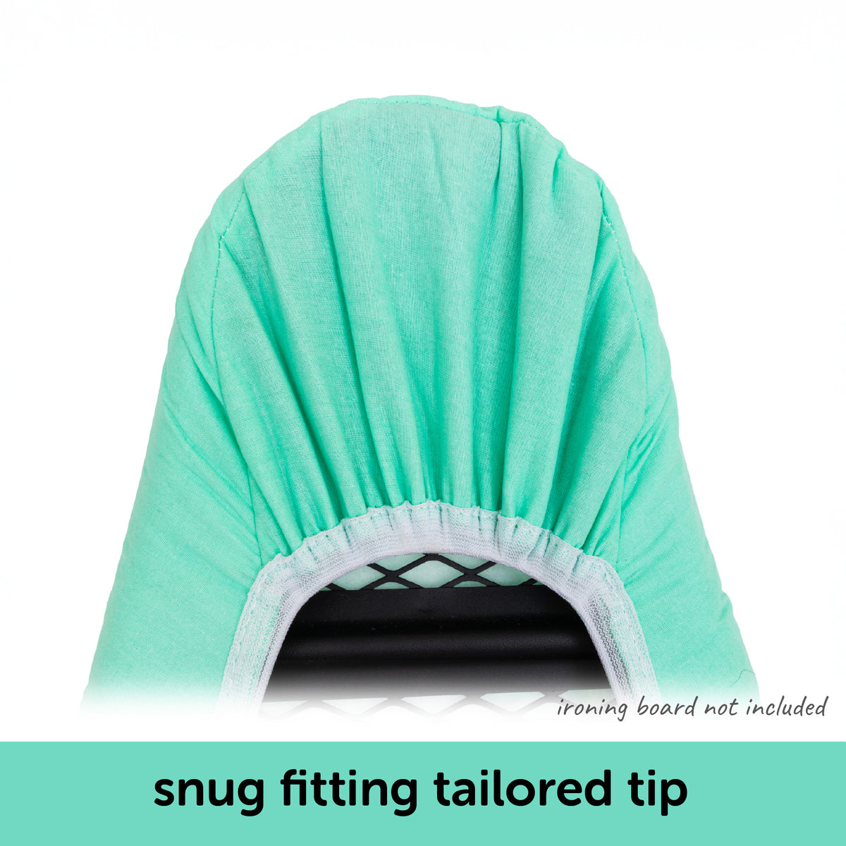 Close-up showing how the tailored nose of the Oliso ironing board cover fits neatly on a standard ironing board.