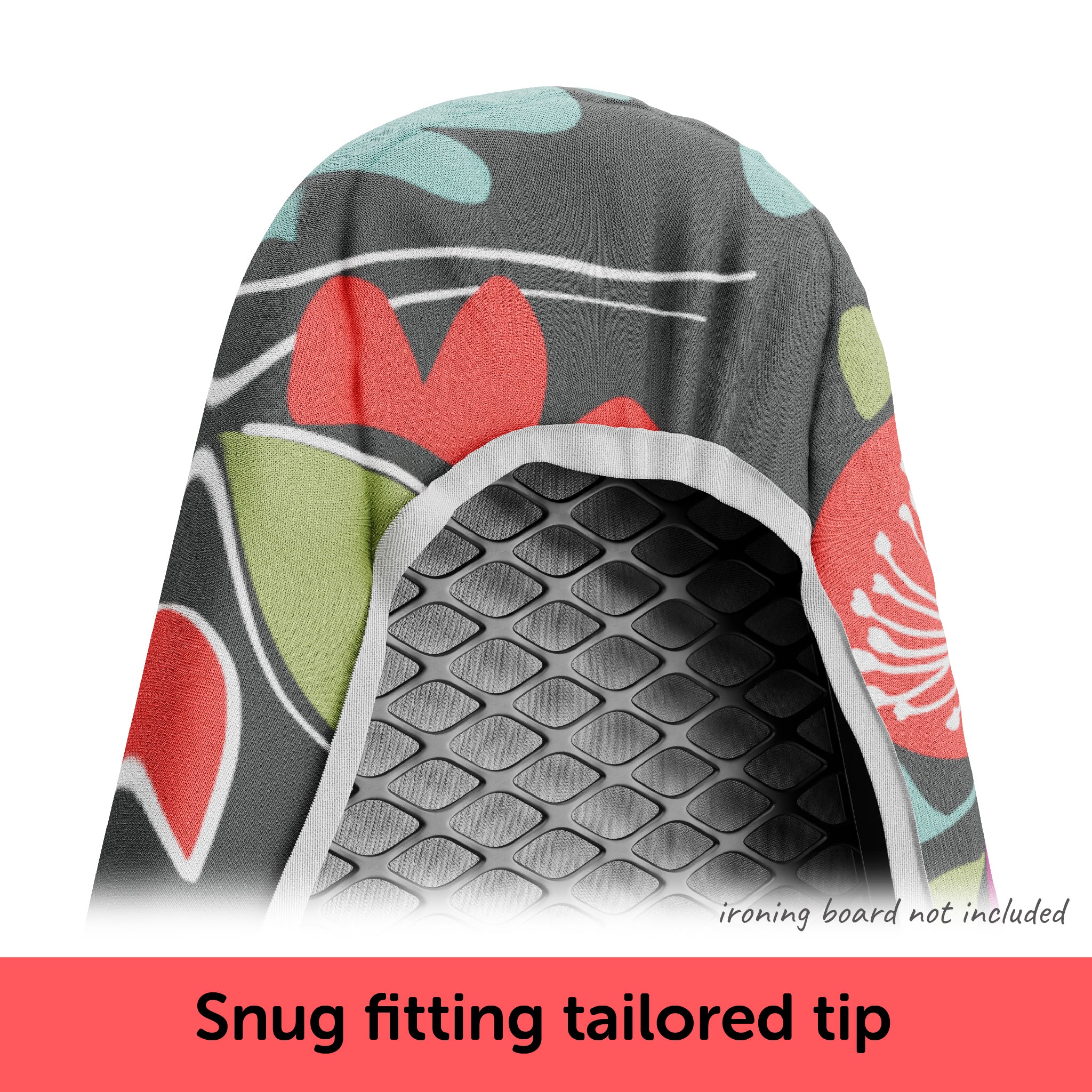 Close-up of the tailored tip of the Oliso Ironing Board cover fitting securely on an ironing board.
