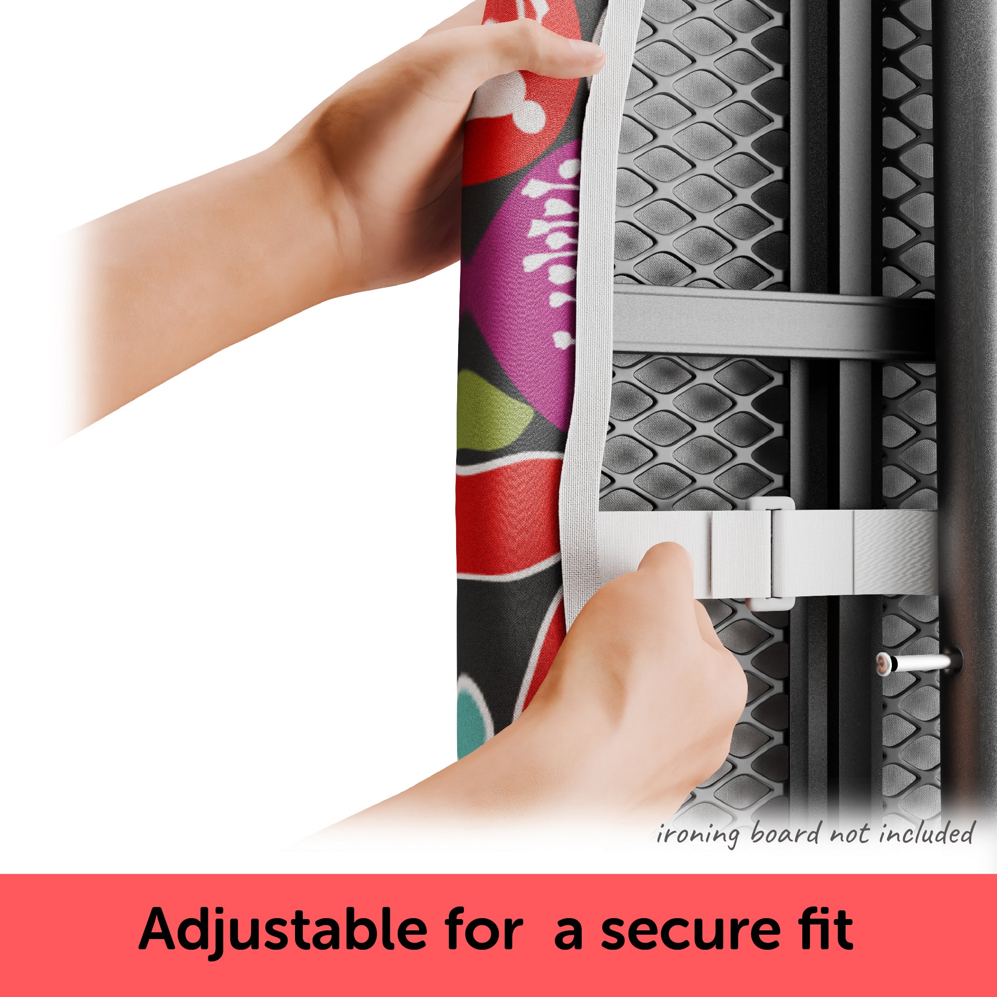 Demonstrating the two adjustable straps of the Oliso ironing board cover that holds it securely, creating a smooth ironing surface.