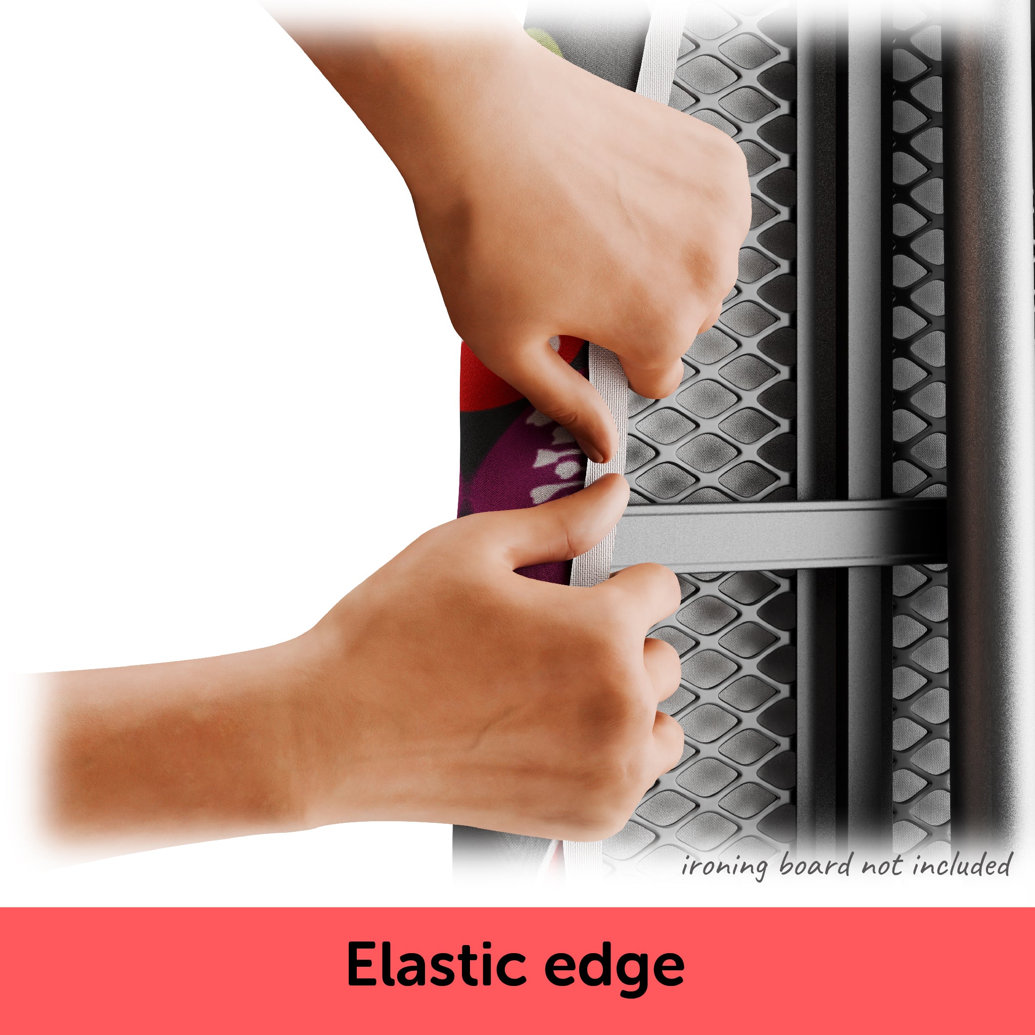Hands stretching the elastic edge of the Olios ironing board cover that creates a snug fit.