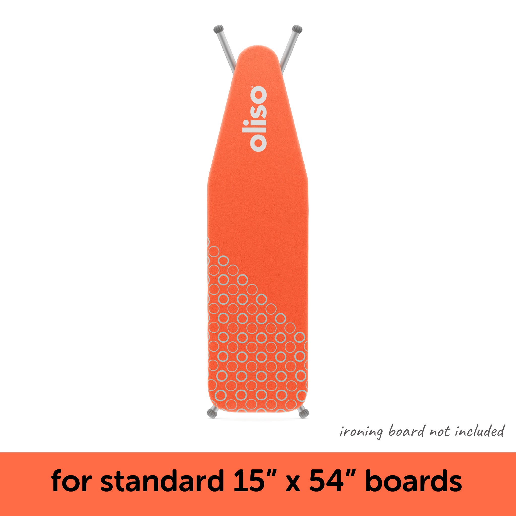 Coral Oliso ironing board cover shown on a standard 15" x 54" ironing board, which is not included with the cover.