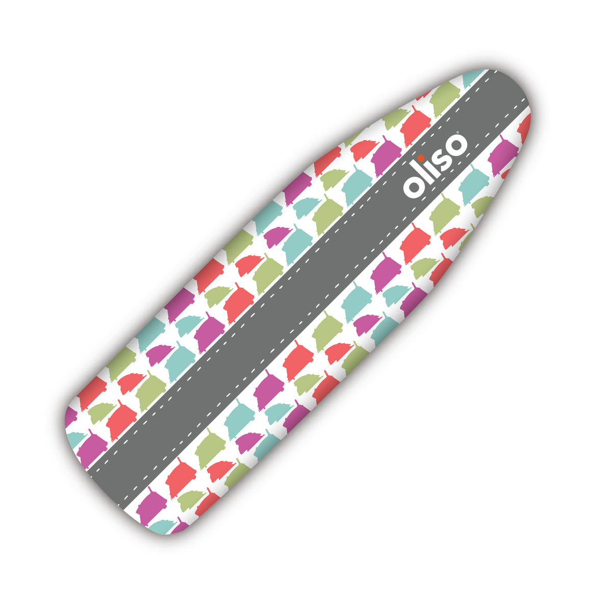 Rows of Oliso iron silhouettes adorn the iron board cover, featuring the colors of the M3Pro project irons; coral, aqua, and pistachio.