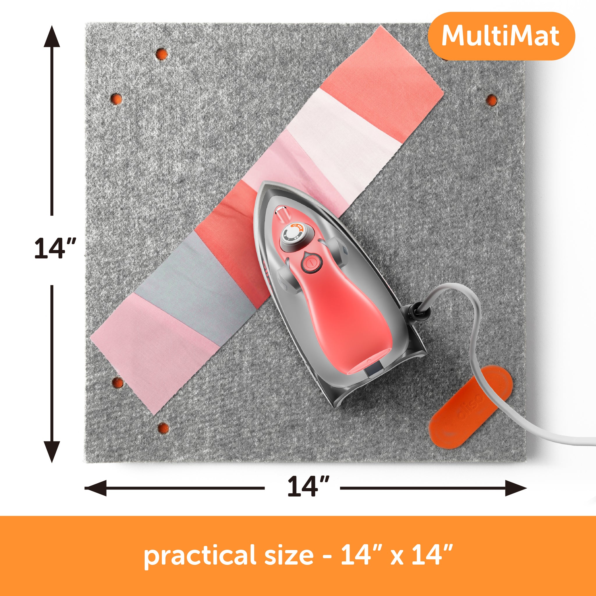 Content Description: "Oliso MultiMat wool pressing mat shown with 14 x 14 inch practical dimensions marked by arrows. Includes coral M3Pro iron (sold separately)."