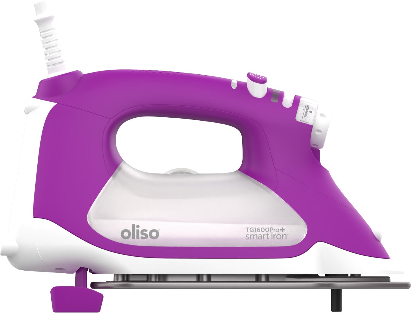 Oliso ProPlus purple Smart iron with its auto-lift legs extended, raising it above fabric and ironing surfaces.