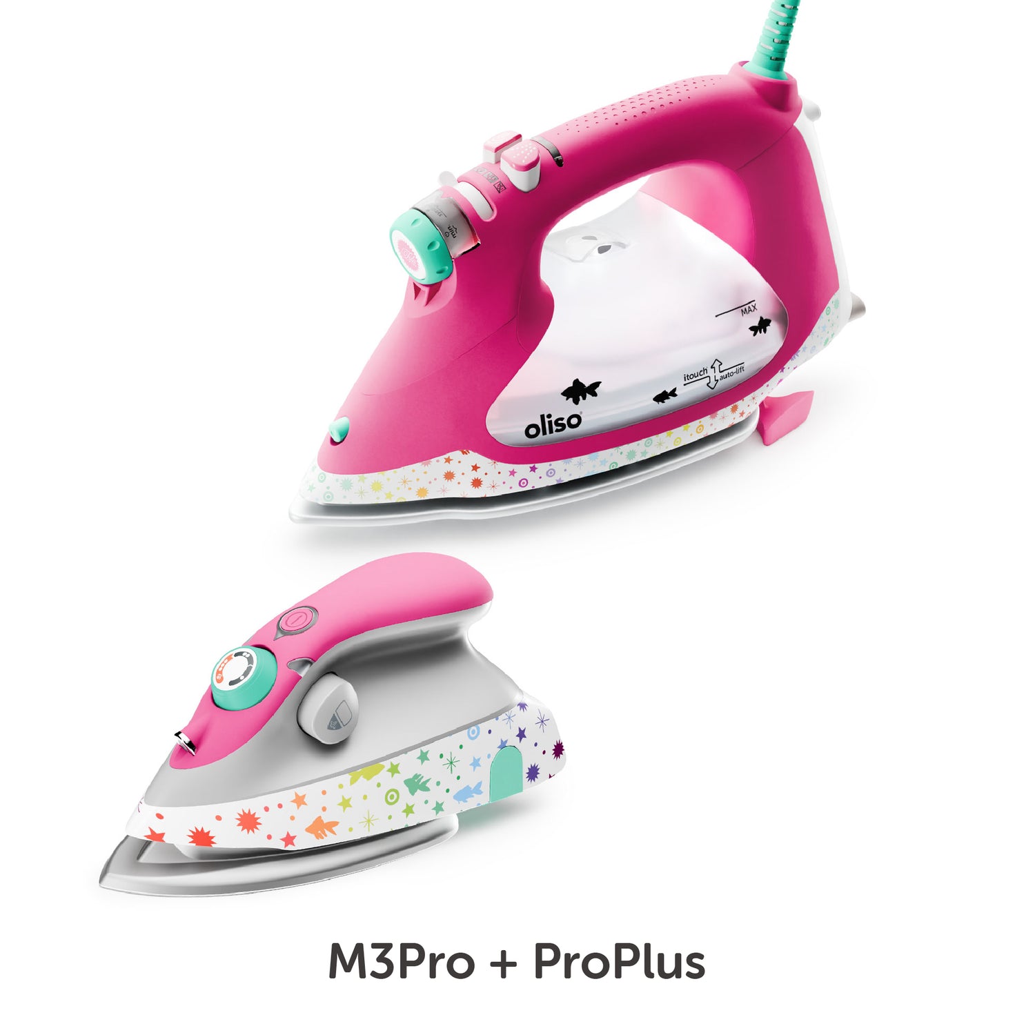 The Tula Pink M3Pro and TG1600+ smart iron side by side.