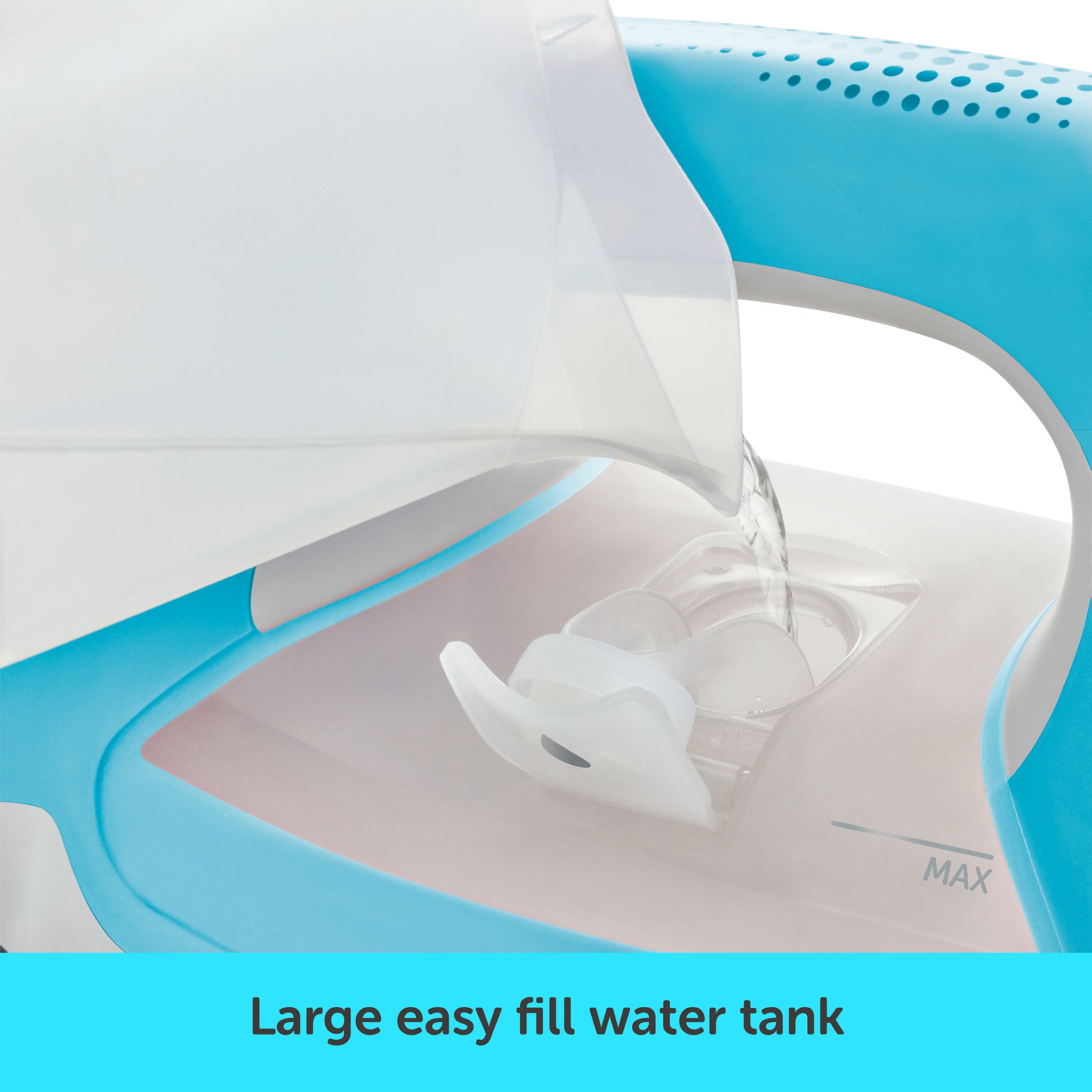The filler cup pouring water into the large 12.7 once water tank through the convenient side filling door.