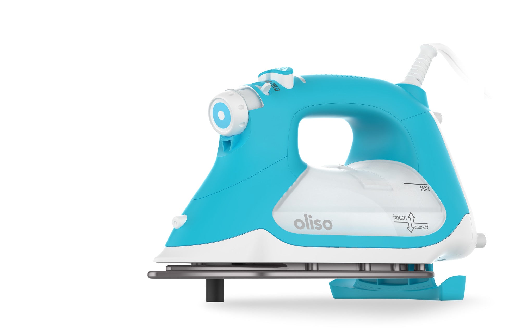 Oliso turquoise ProPlus Smart iron, in the auto lift position. 
