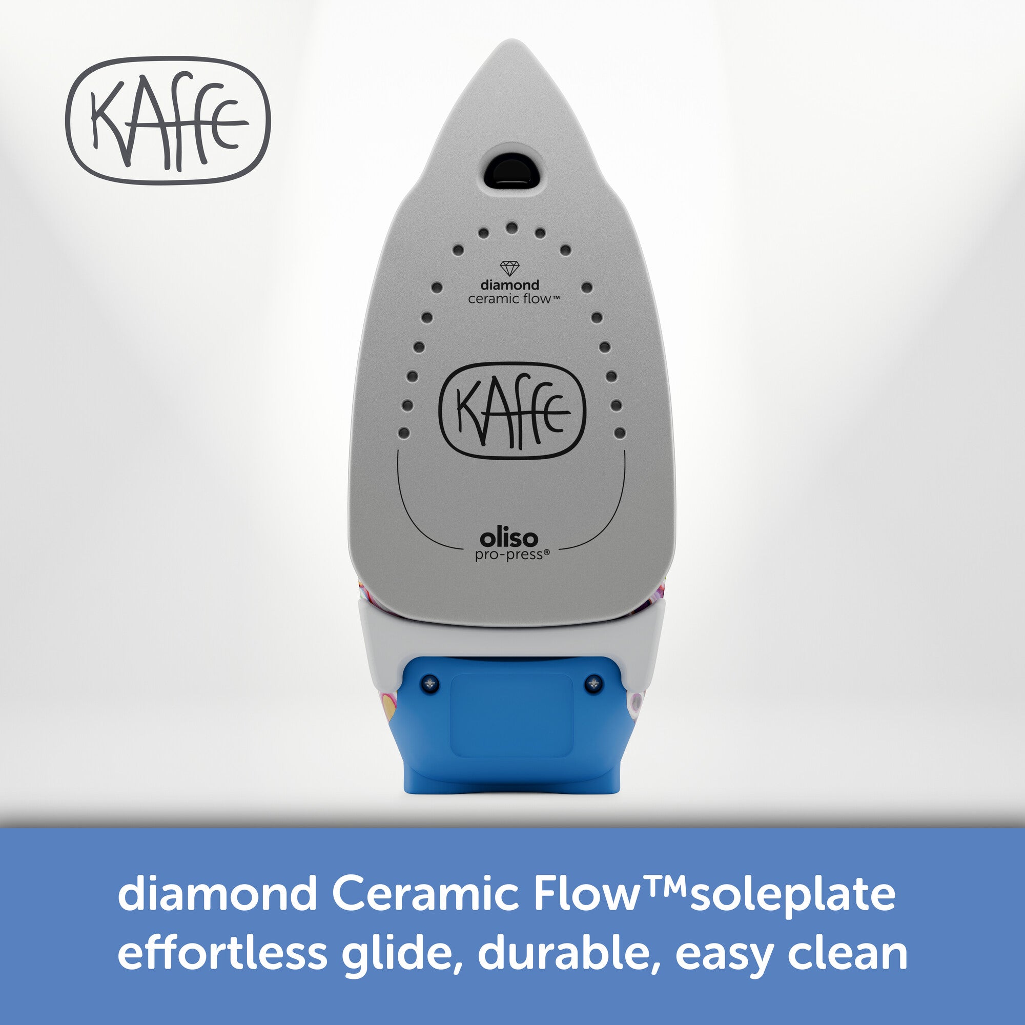 Oliso Kaffe ProPlus Smart Iron – limited edition design by Kaffe Fassett. Oliso’s Diamond Ceramic Soleplate glides effortlessly, resists scratches, and delivers even heat for powerful wrinkle removal. Its premium nonstick coating ensures smooth, snag-free ironing on all fabrics.