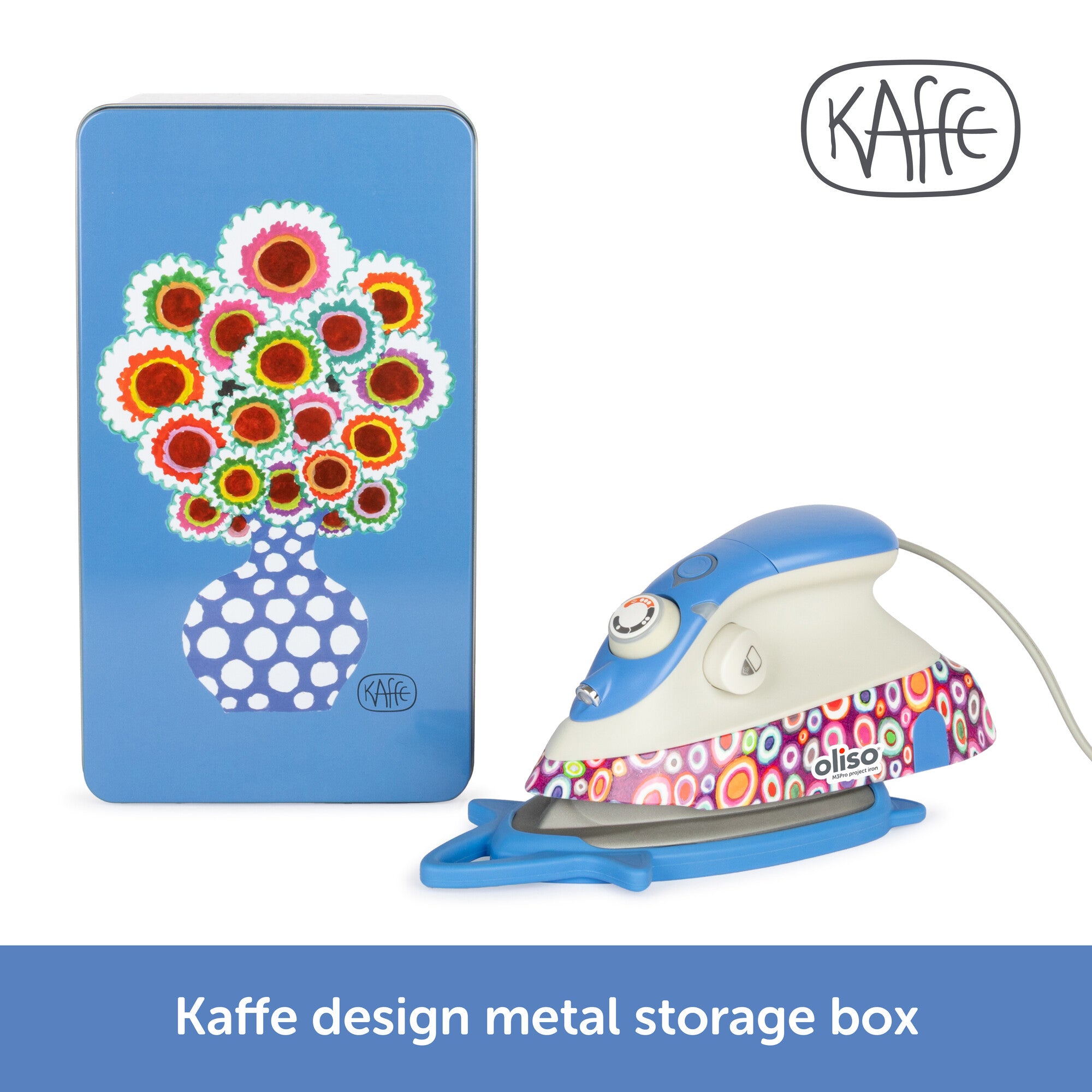 The Kaffe x Oliso M3Pro project Iron, featuring vibrant Kaffe Fassett signature patterns on the body, with its collectable metal box, wrapped in Kaffe design flowers and colors.