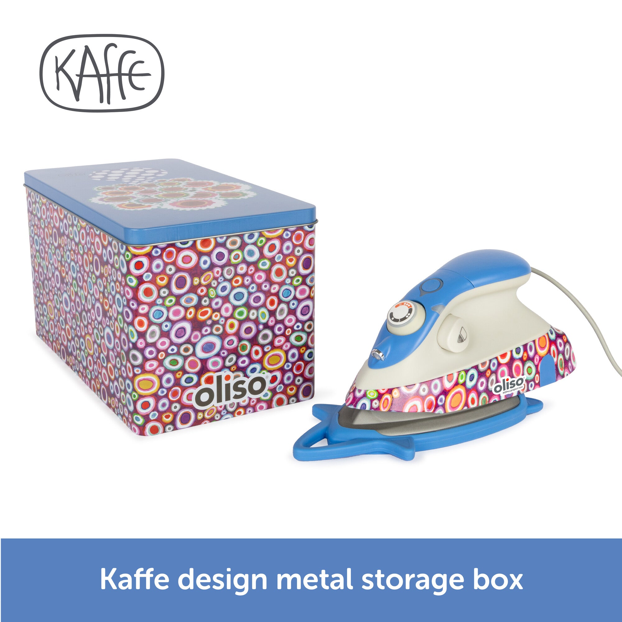 The Kaffe x Oliso M3Pro project Iron, featuring vibrant Kaffe Fassett signature patterns on the body, with its collectable metal box, wrapped in Kaffe design flowers and colors.