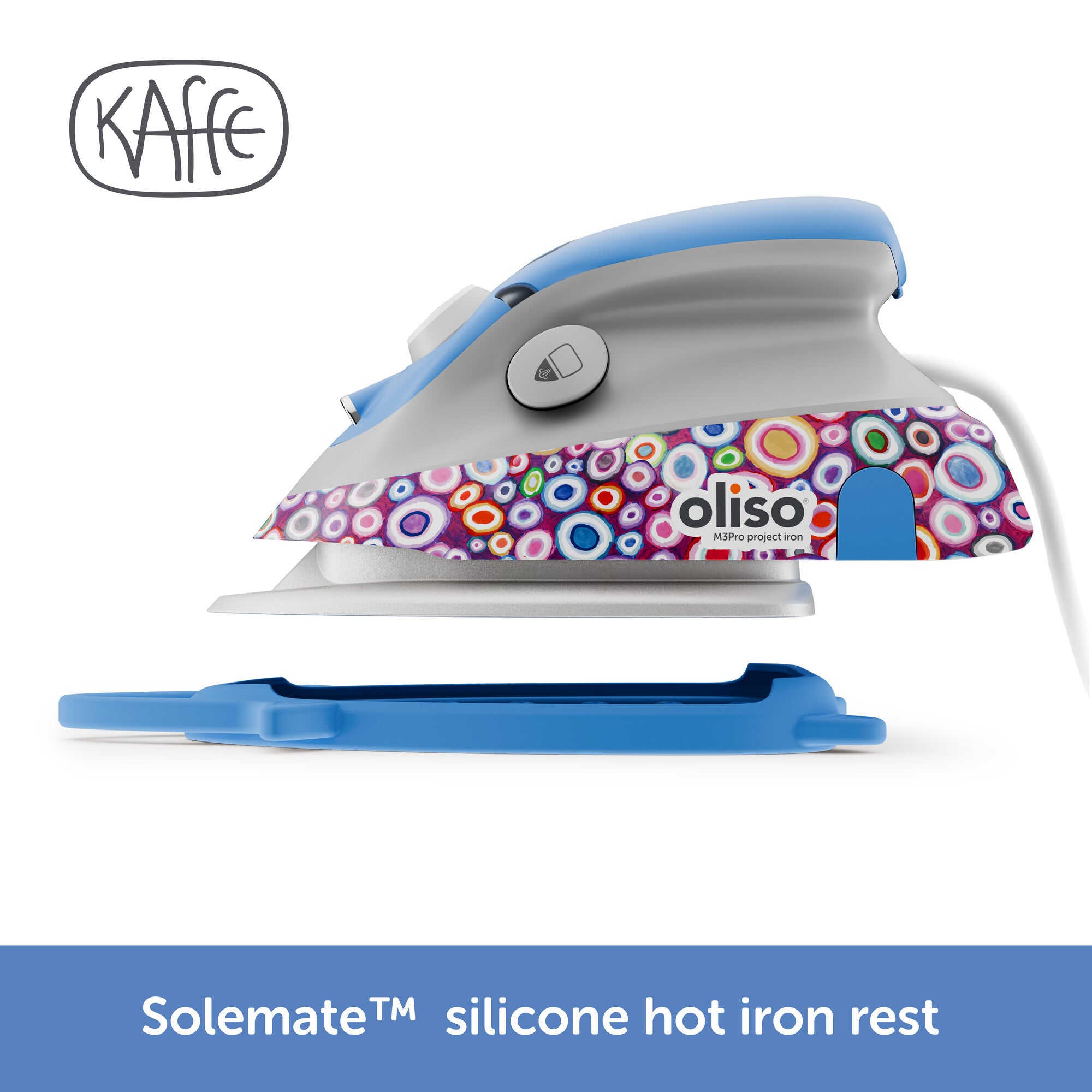 The Kaffe x Oliso M3Pro project Iron, featuring vibrant Kaffe Fassett signature patterns on the body, with it vibrant blue dual function solemate, a hot iron rest and storage cover.