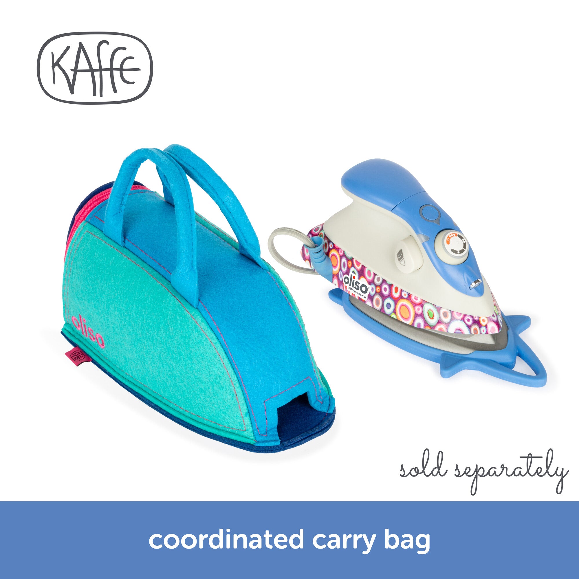 The Kaffe x Oliso M3Pro project Iron and its color coordinated felt carying bag. Sold seperatly.