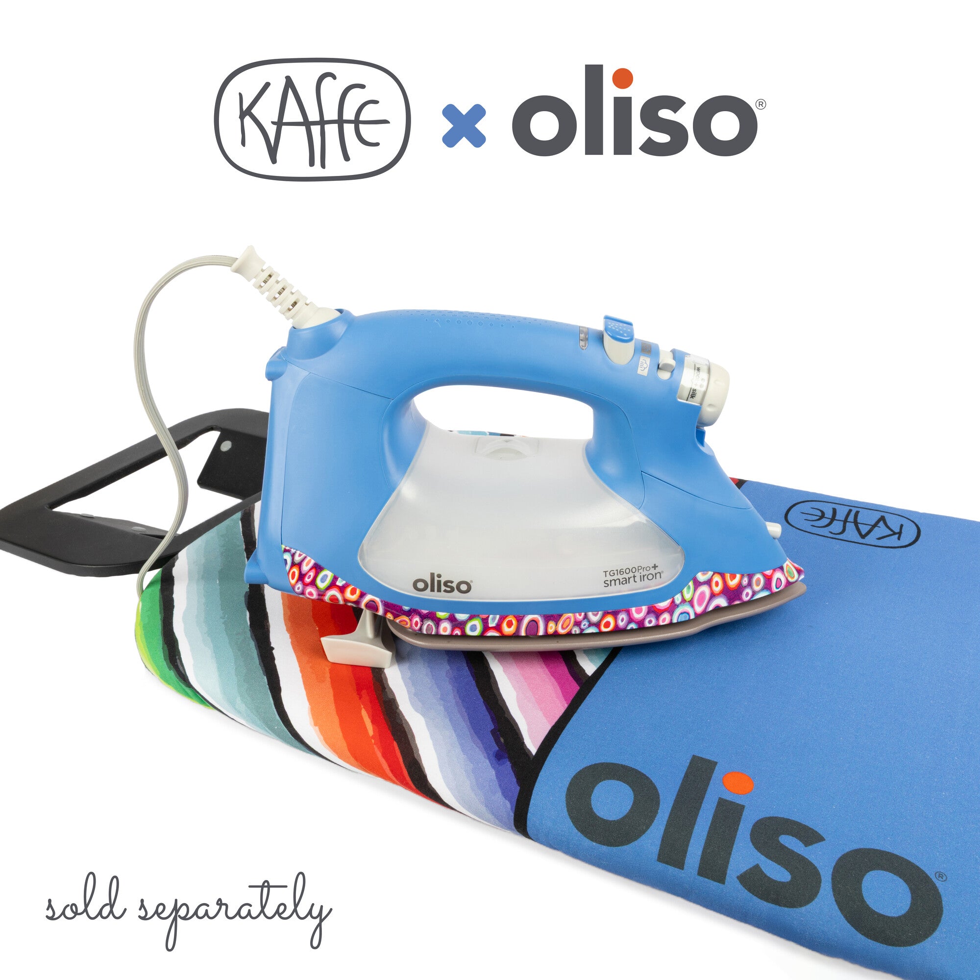 Kaffe by Oliso premium ironing board cover โ colorful, artistic design by Kaffe Fassett, the perfect companion for the Oliso auto-lift smart iron.