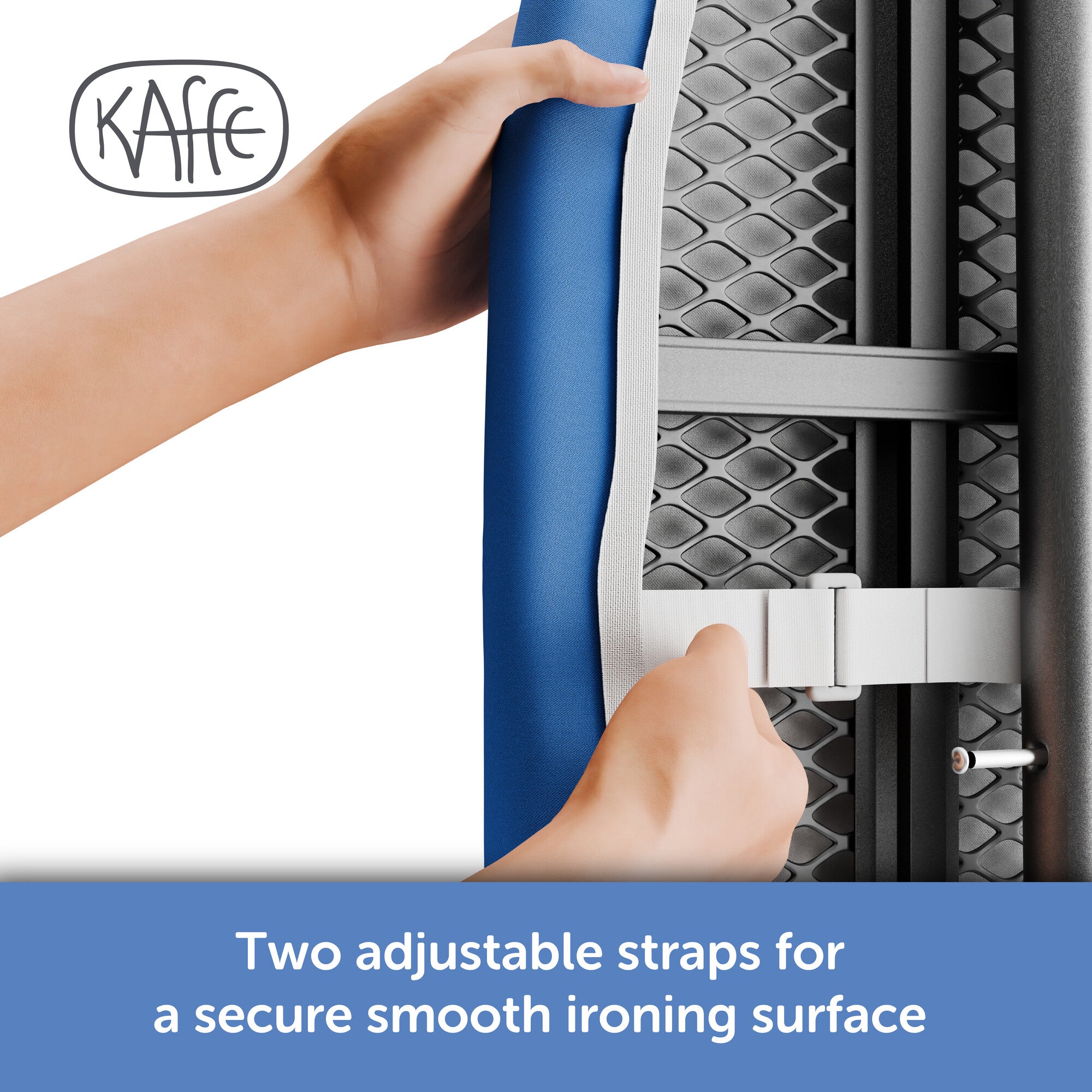 Kaffe by Oliso premium ironing board cover โ colorful, artistic design by Kaffe Fassett. Two adjustable hook and loop straps for a perfect secure fit.