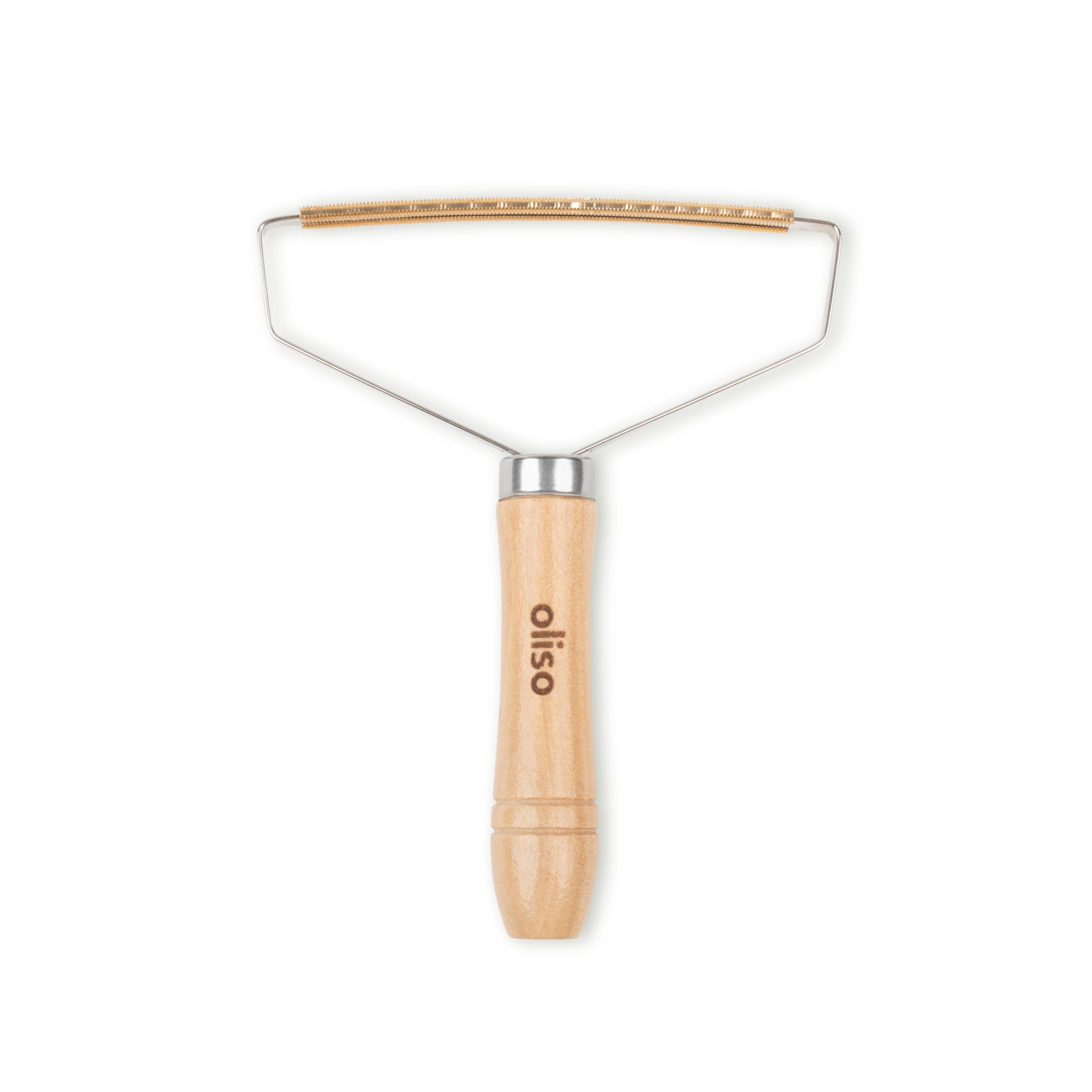 The Oliso MultiMat wool mat cleaning tool features a wooden handle, a steel frame, and a metal comb, designed for efficient removal of fibers and debris from pressing mats.