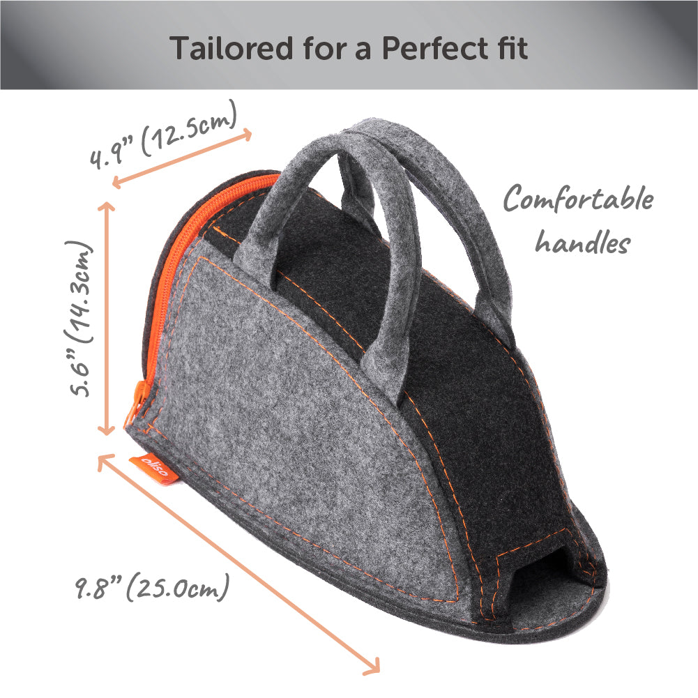 Small carry bag with dimensions, 9.8 inches long, 4.9 inches wide, 5.6 inches tall.