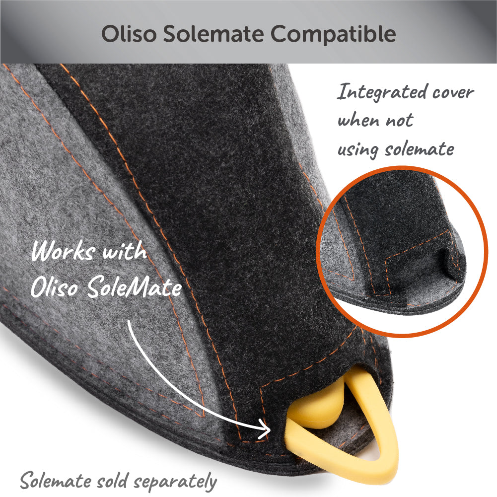 Close up of the front of the Oliso iron carry bag, with it opening for the Solemate loop to pass through, and an inset detail of the cover that closes the opening when not in use. Iron and Solemate sold separately.