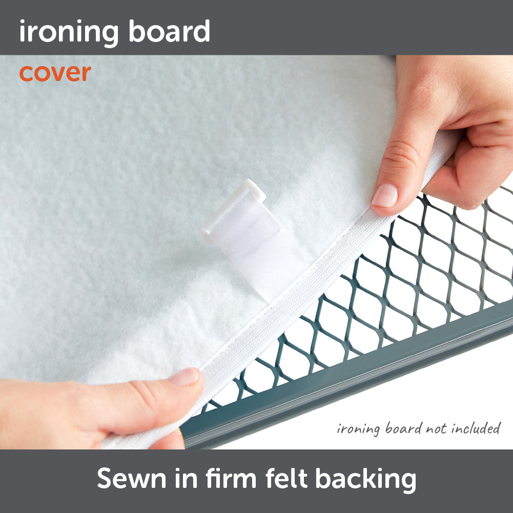 Hands holding the underside of the Oliso Ironing Board cover showing the sewn in firm felt back that makes ironing easier.