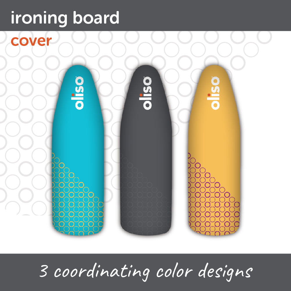 Image of the three available Oliso Ironing Board Cover; grey turquoise, and yellow.