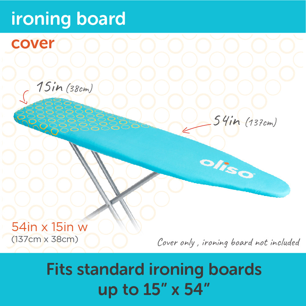 The Oliso Iron Board Cover showing that it fits on a standard 54" x 15" ironing board.
