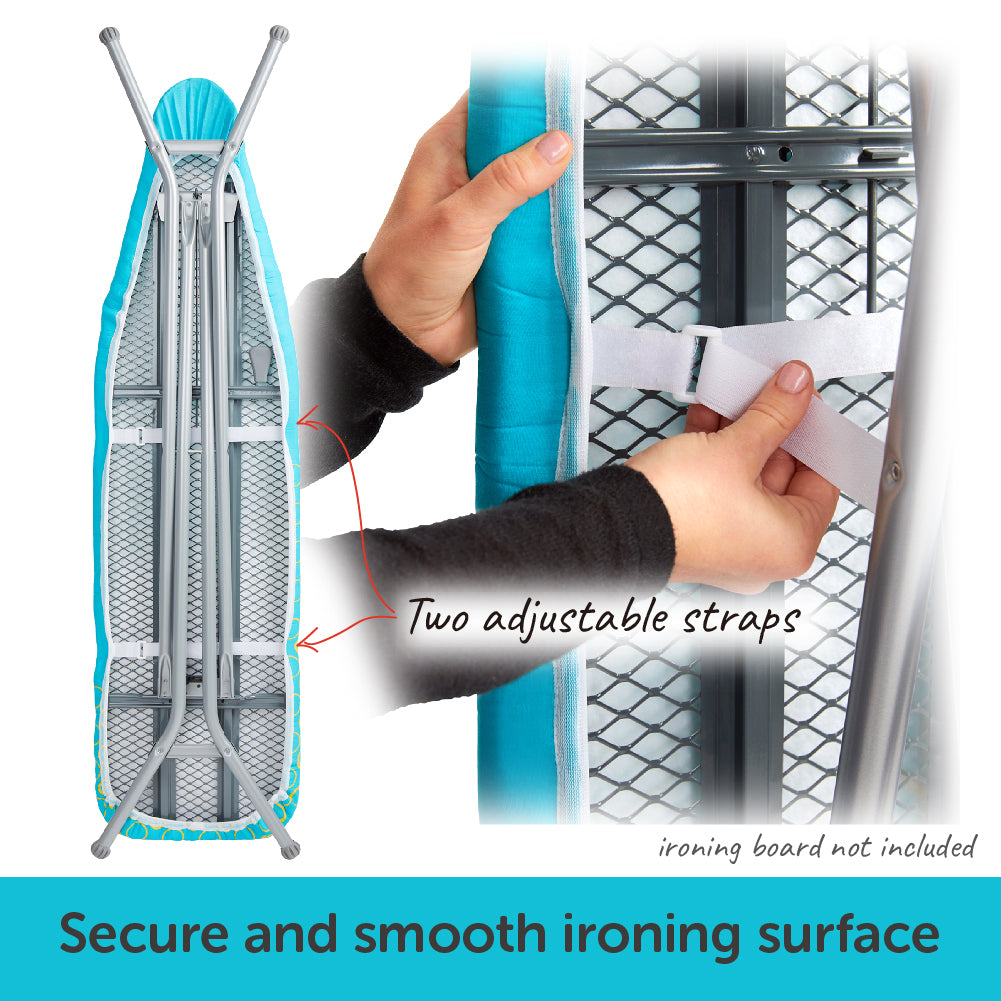Demonstrating the two adjustable straps of the Oliso ironing board cover that holds it securely, creating a smooth ironing surface.