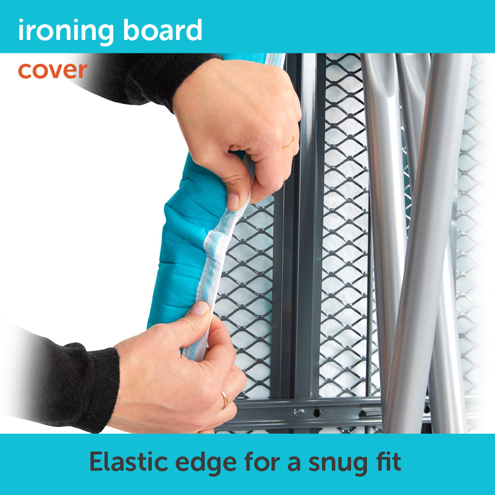 Hands stretching the elastic edge that helps the Oliso ironing board cover fit snugly on a standard ironing board.