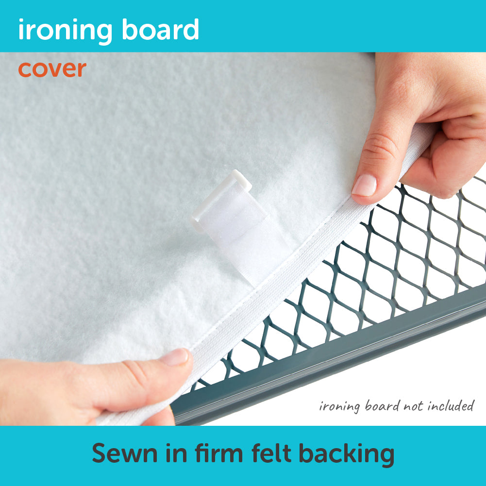 Hands holding the underside of the Oliso Ironing Board cover showing the sewn in firm felt back that makes ironing easier.