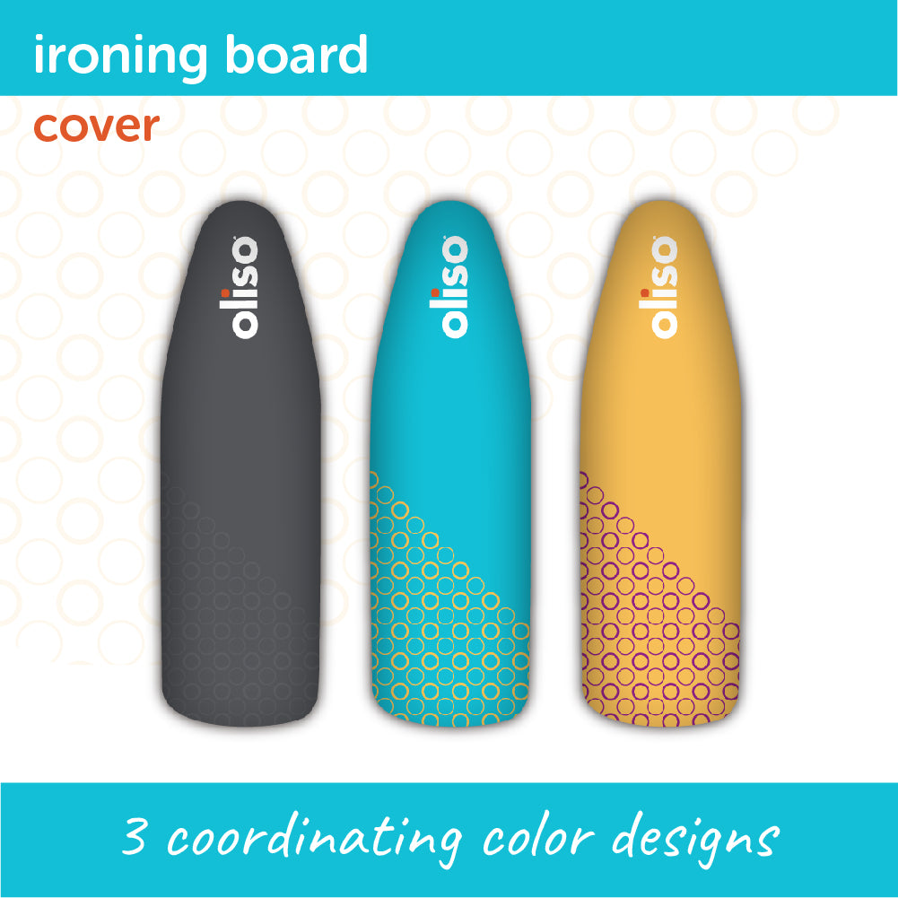 Image of the three available Oliso Ironing Board Cover; grey turquoise, and yellow.