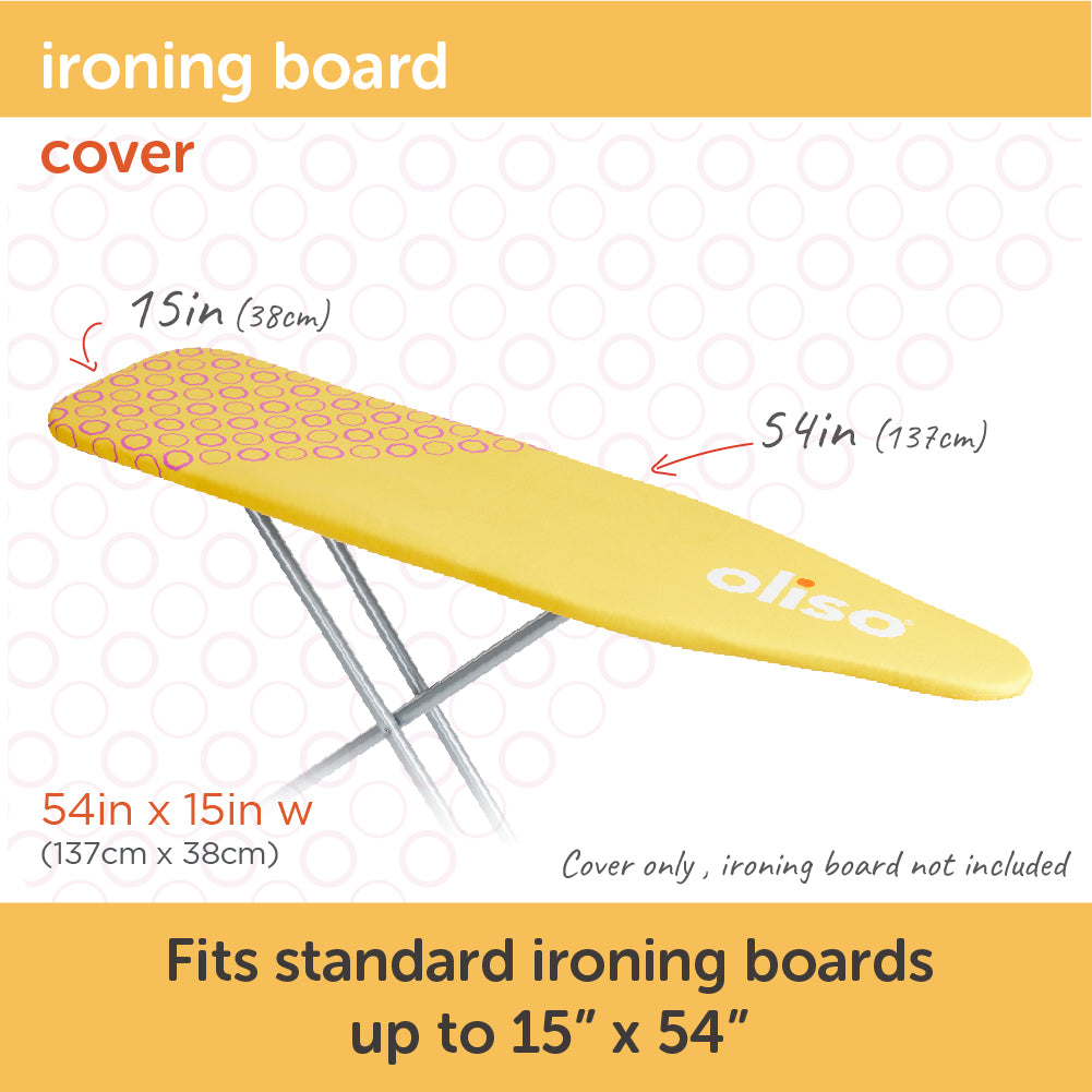 The Oliso Iron Board Cover showing that it fits on a standard 54" x 15" ironing board.