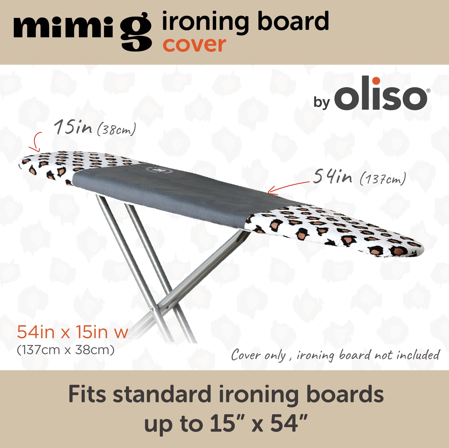 The Oliso Iron Board Cover showing that it fits on a standard 54" x 15" ironing board.