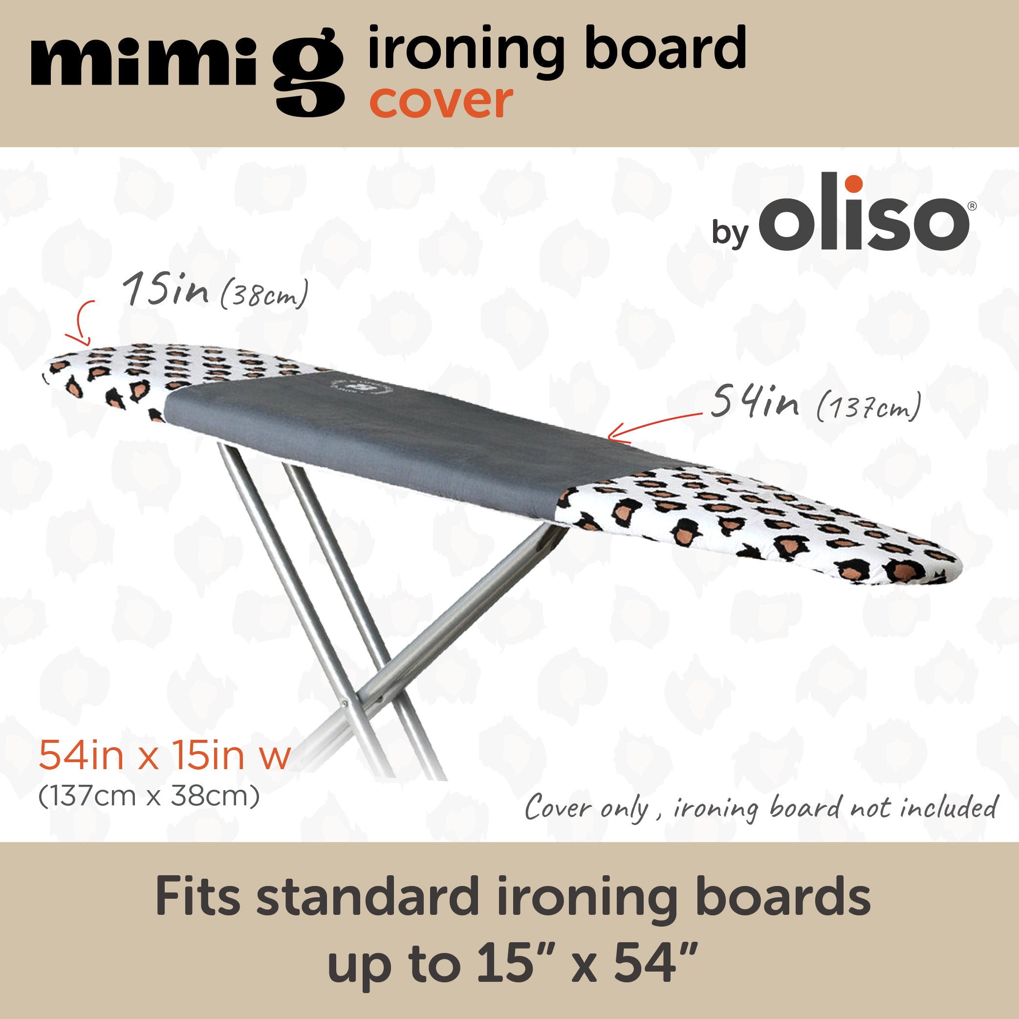 The Oliso Iron Board Cover showing that it fits on a standard 54" x 15" ironing board.
