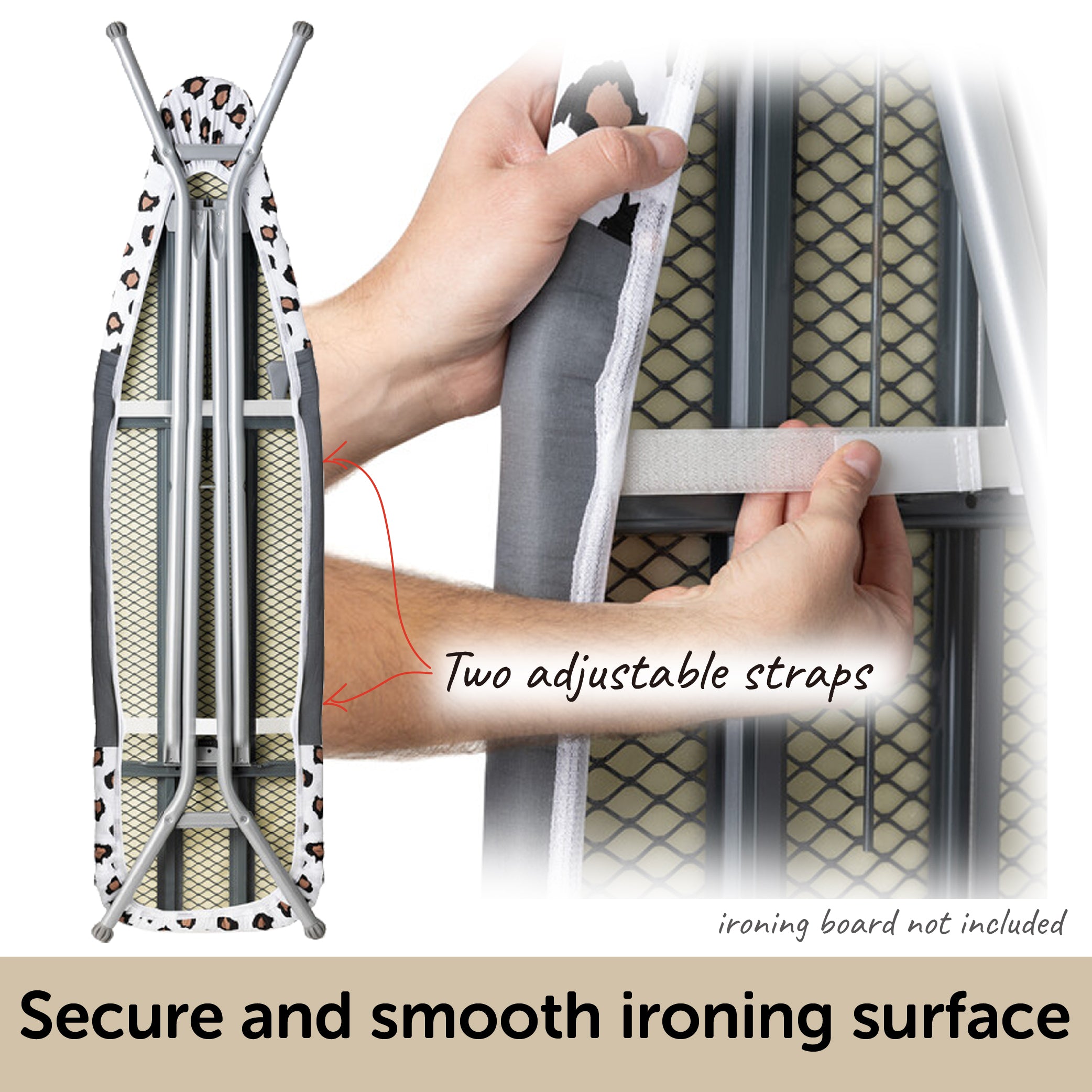 "Hands holding the underside of the Oliso Ironing Board cover showing the sewn in firm felt back that makes ironing easier. "