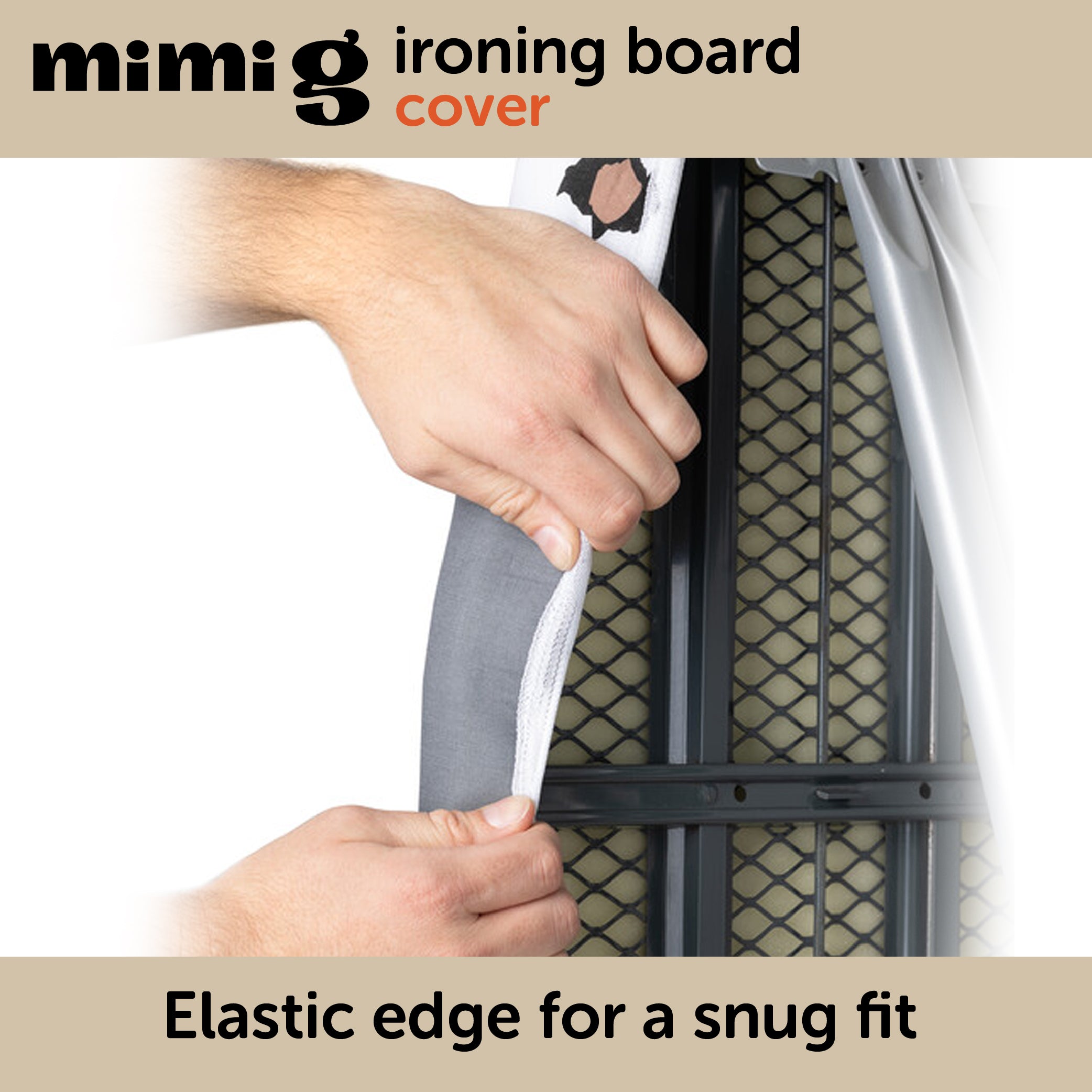 "Hands holding the underside of the Oliso Ironing Board cover showing the sewn in firm felt back that makes ironing easier. "