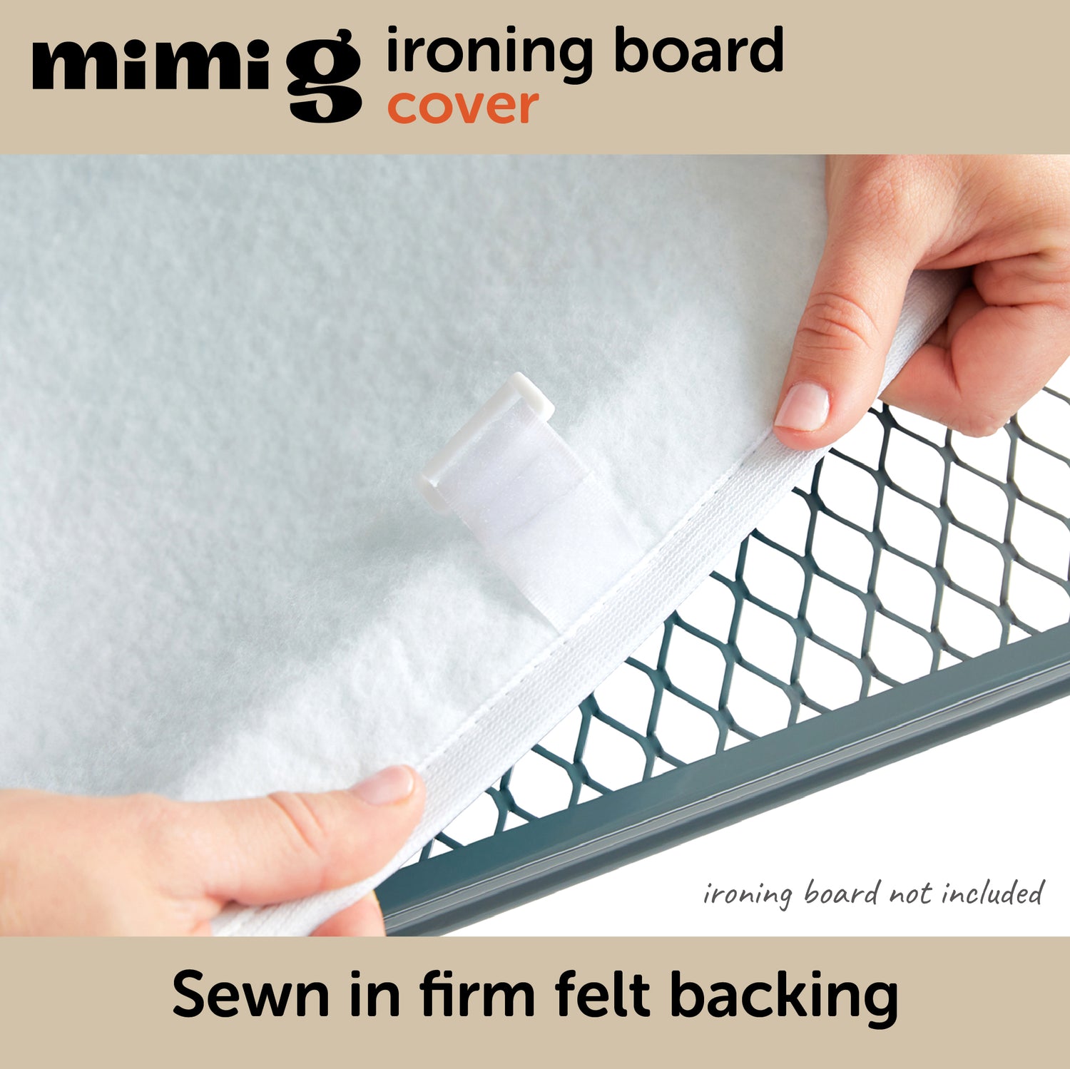 Hands holding the underside of the Oliso Ironing Board cover showing the sewn in firm felt back that makes ironing easier