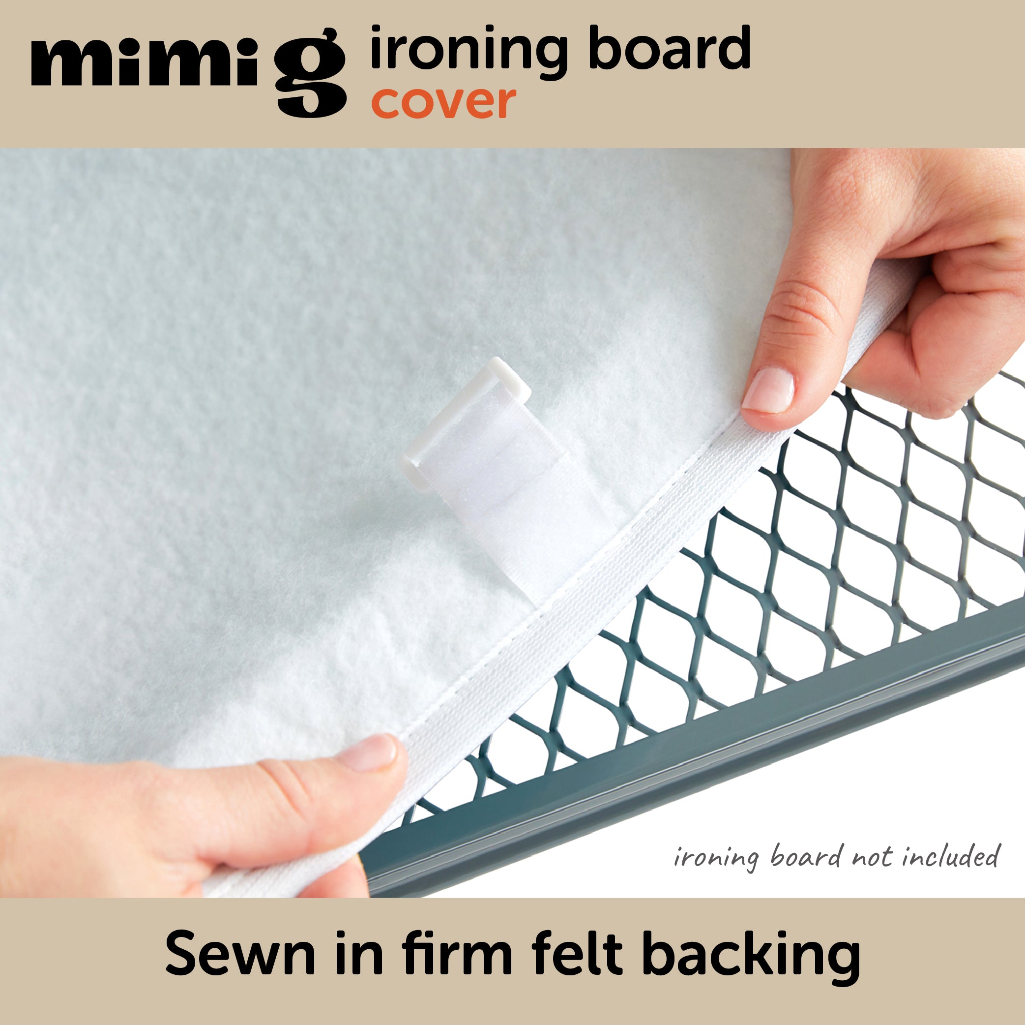 Hands holding the underside of the Oliso Ironing Board cover showing the sewn in firm felt back that makes ironing easier