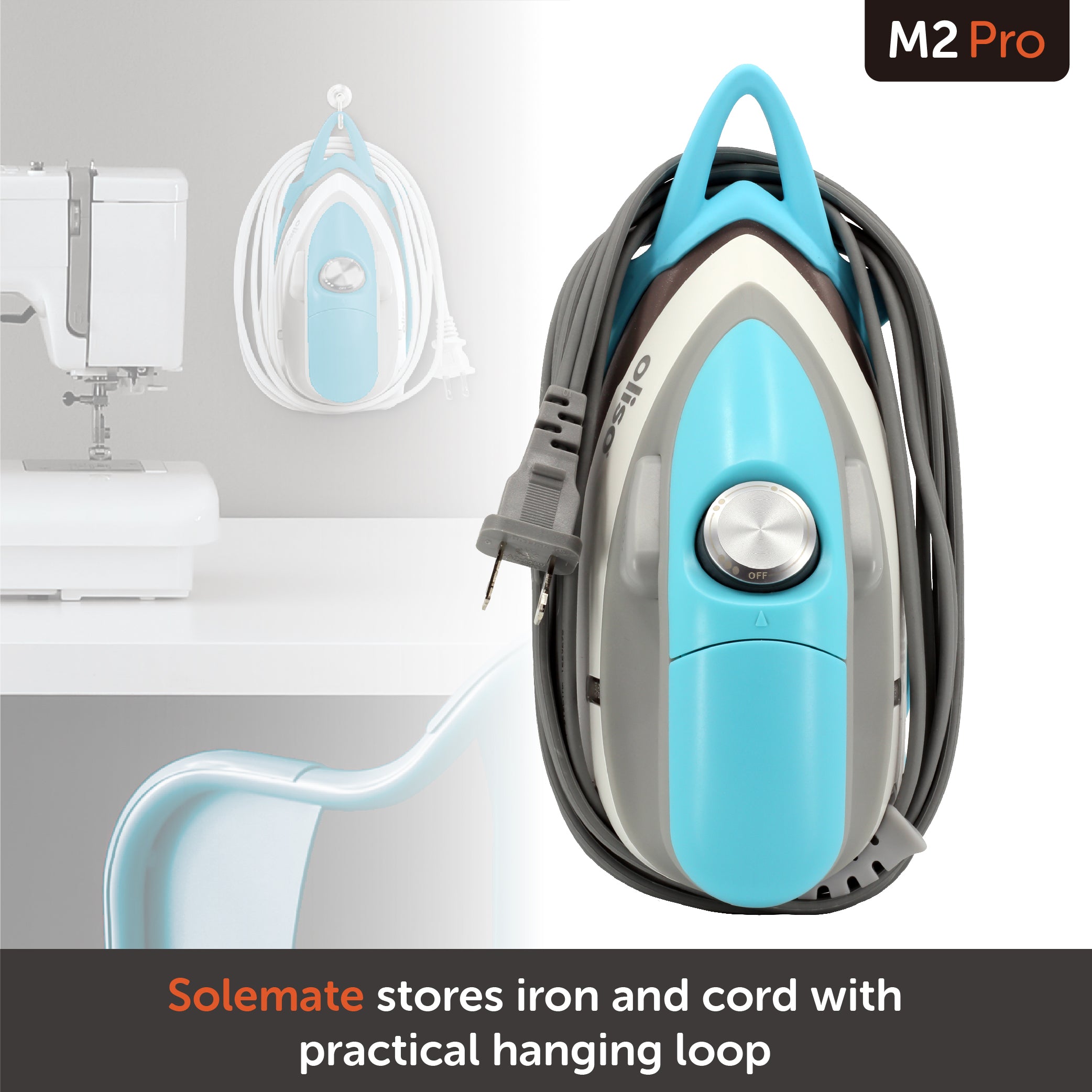 Cord conveniently wraps around solemate for storage.