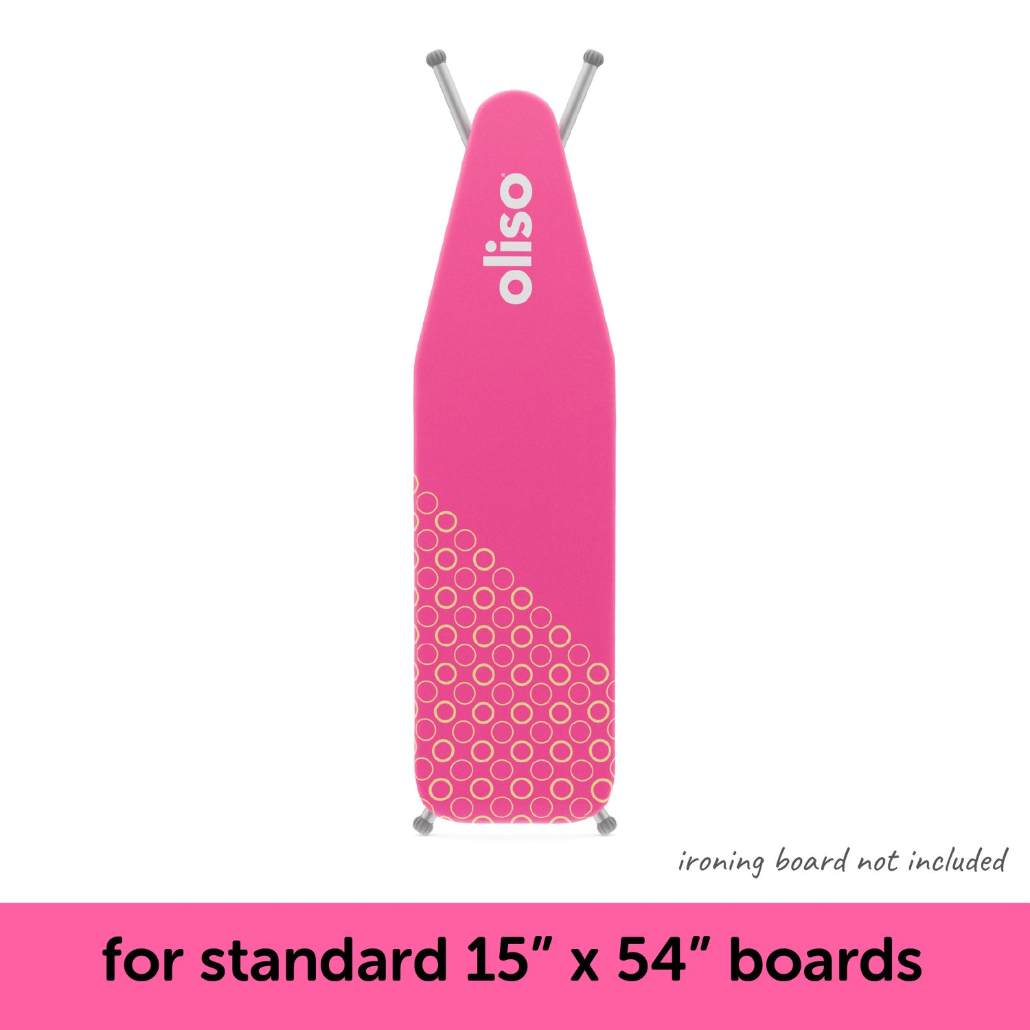 Raspberry oliso ironing board cover shown on a standard 15" x 54" ironing board, which is not included with the cover.