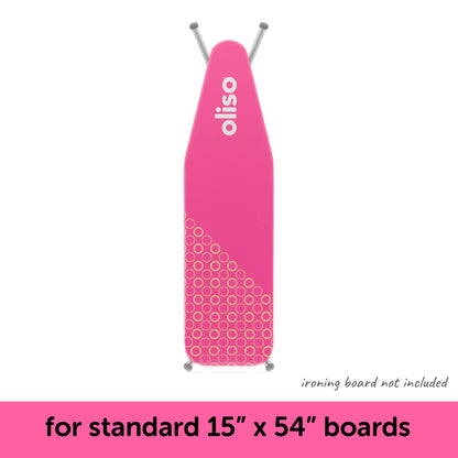 Raspberry oliso ironing board cover shown on a standard 15" x 54" ironing board, which is not included with the cover.