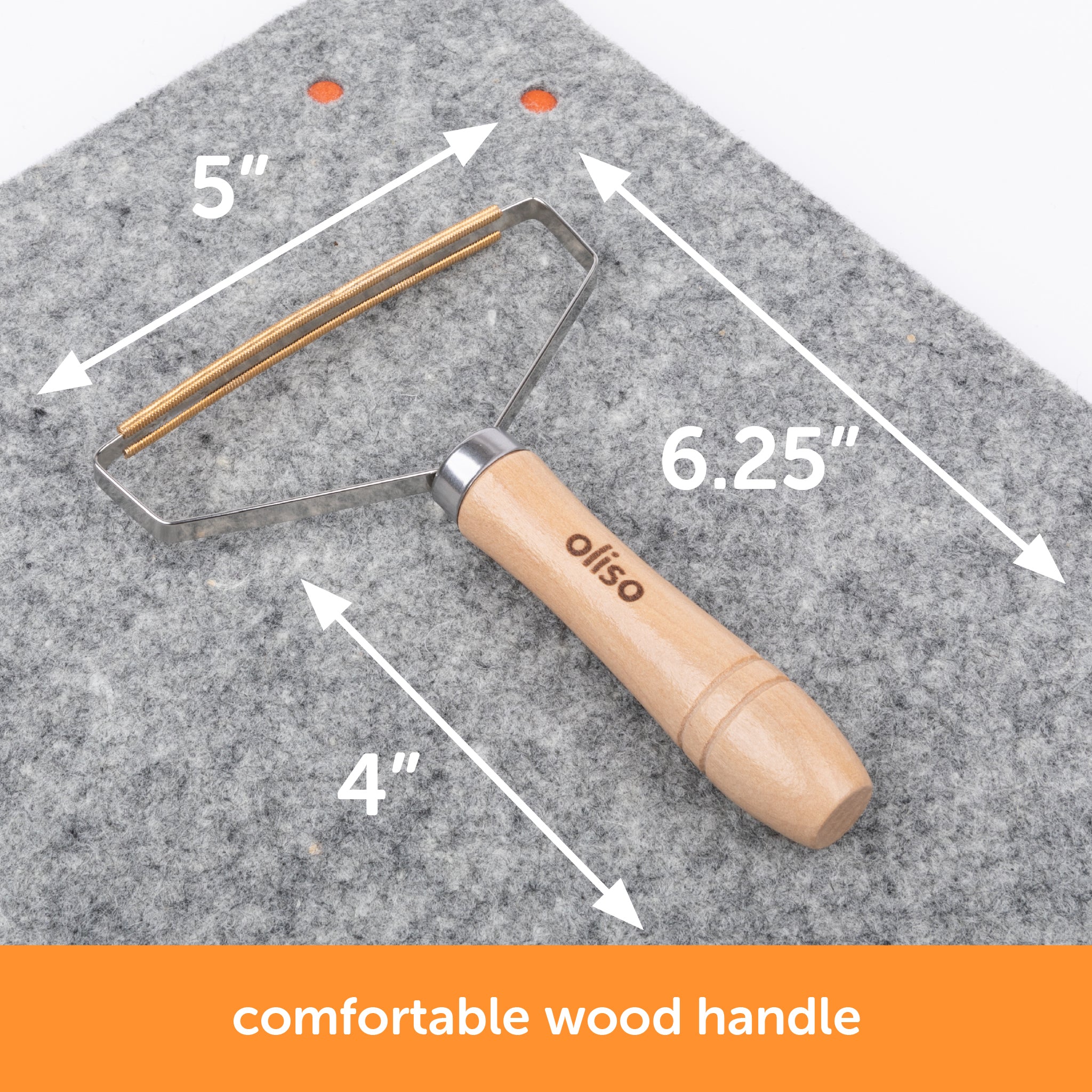 Oliso MultiMat cleaning tool shown on wool mat with labeled dimensions — 6.25-inch total length, 5-inch wide head, 4-inch wooden handle.