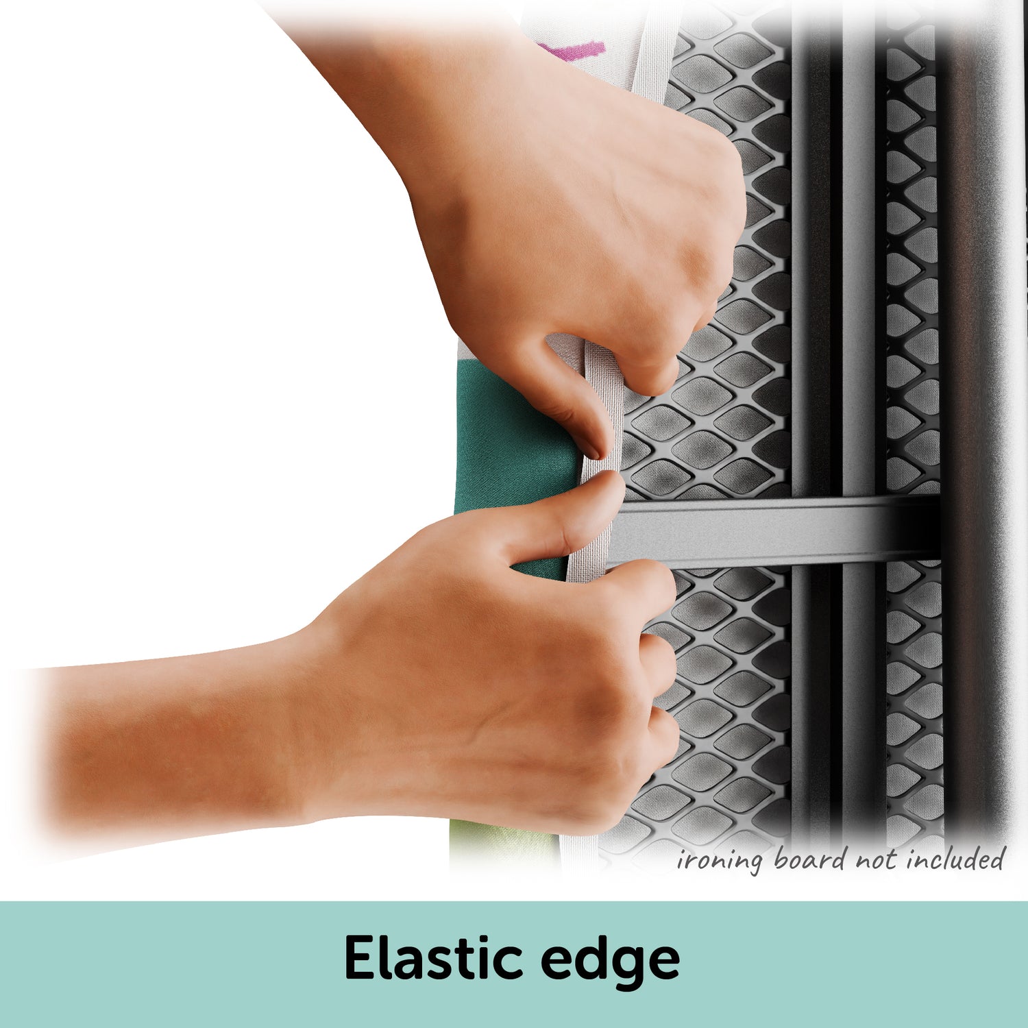 Hands stretching the elastic edge of the Olios ironing board cover that creates a snug fit.