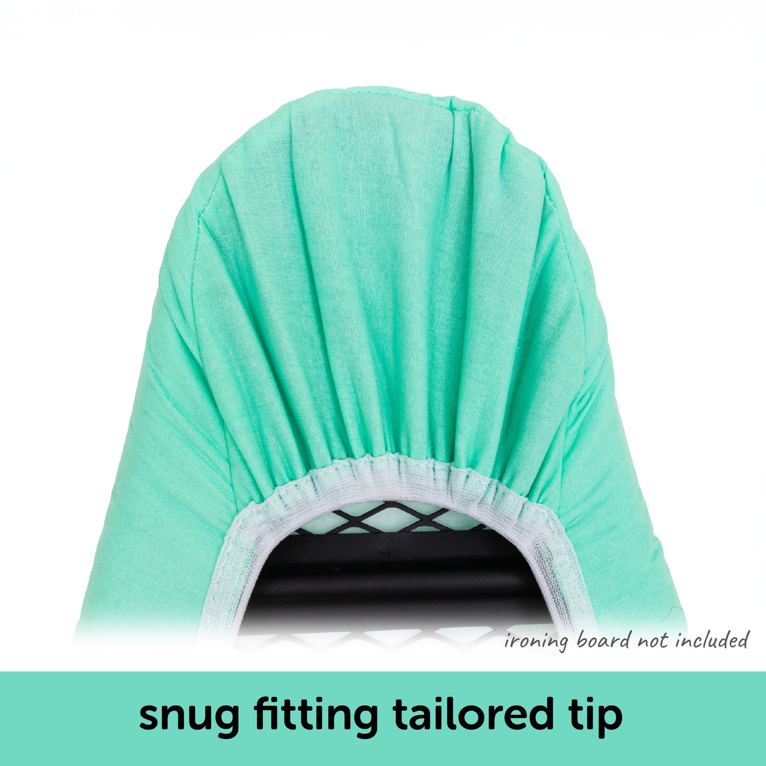 Close-up showing how the tailored nose of the Oliso ironing board cover fits neatly on a standard ironing board.