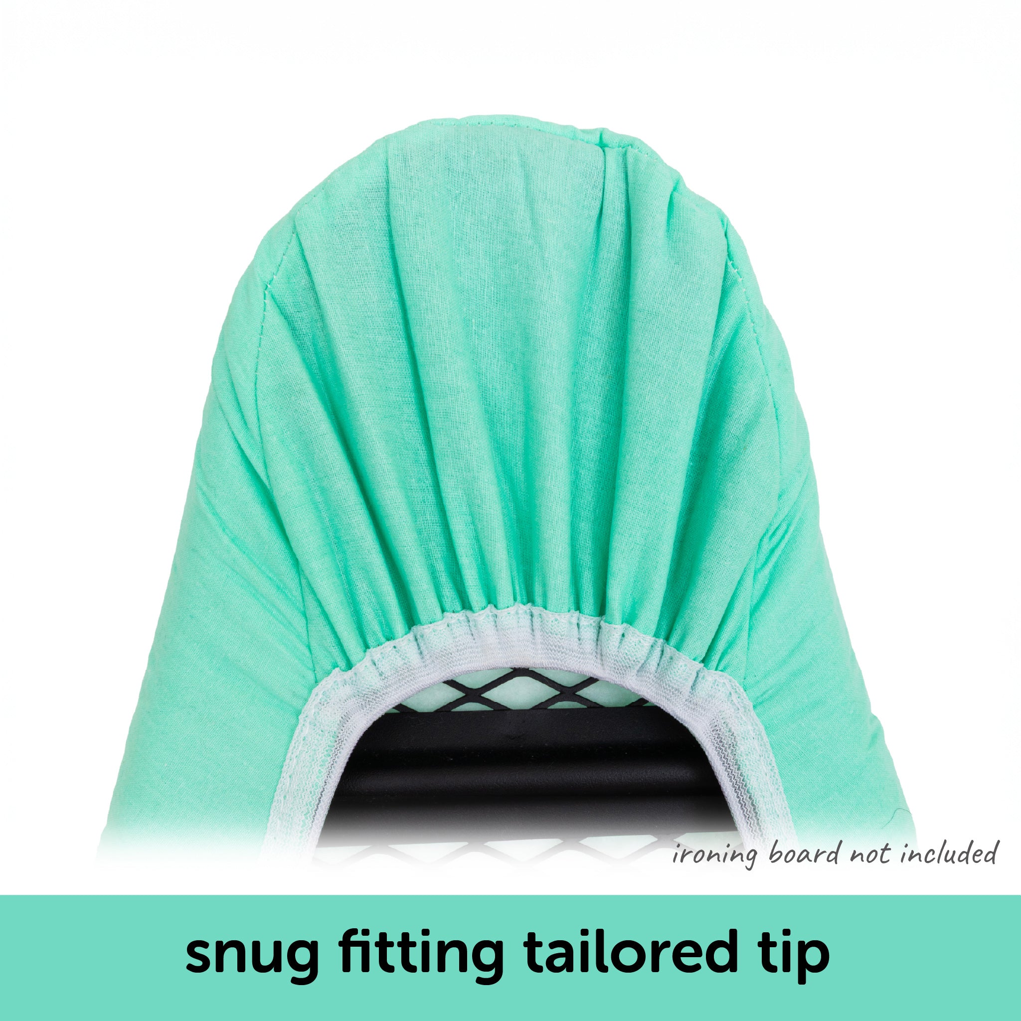 Close-up showing how the tailored nose of the Oliso ironing board cover fits neatly on a standard ironing board.