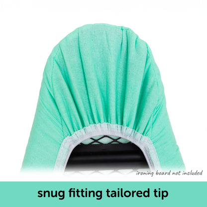 Close-up showing how the tailored nose of the Oliso ironing board cover fits neatly on a standard ironing board.