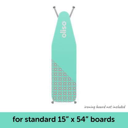 Aqua oliso ironing board cover shown on a standard 15&quot; x 54&quot; ironing board, which is not included with the cover.