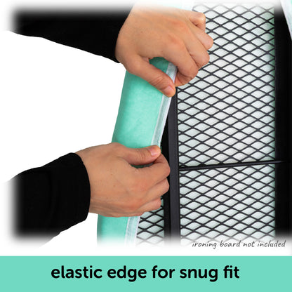 Hands showing the elastic edge of an oliso ironing board cover that ensures a snug fit on a standard ironing board.