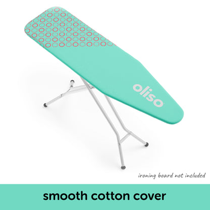 Oliso aqua ironing board cover with oliso branding on a standard ironing board.